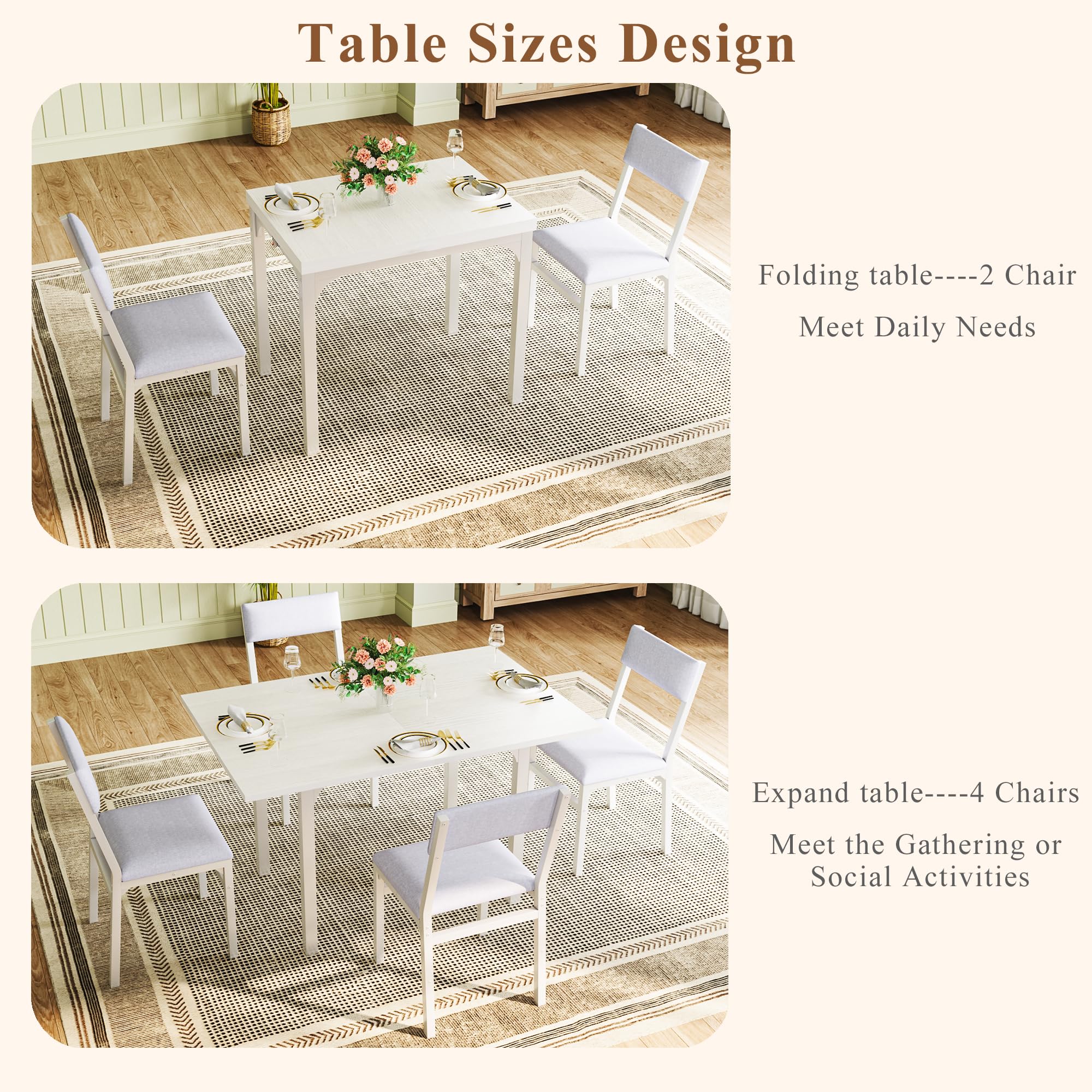 HUAHUU Dining Table Set for 4, Extendable Kitchen Table Cushion Chairs Set of 4, Rectangle Dining Table with Metal Frame & MDF Board, Folding for Small Apartment Saving Space, Black