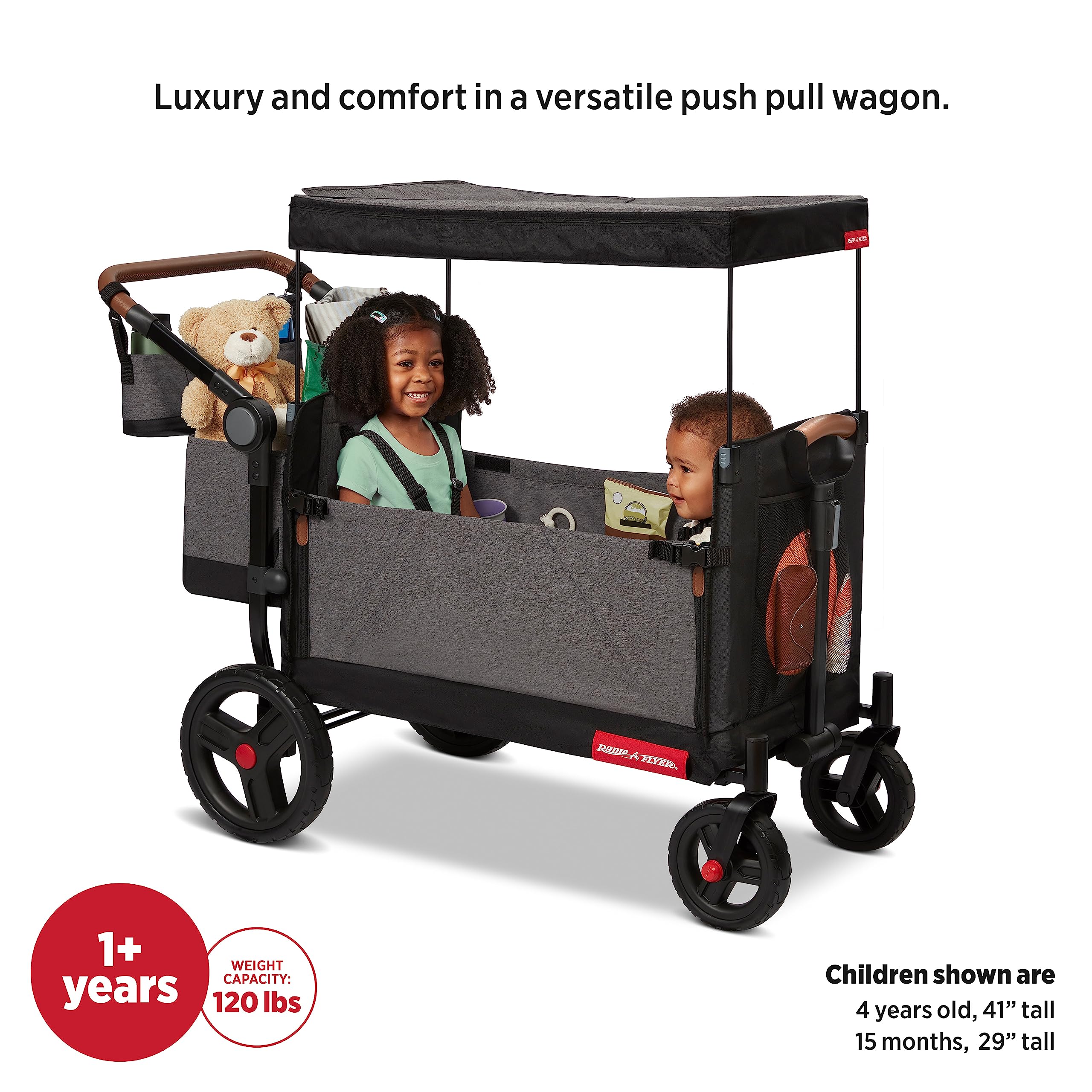 Radio Flyer Atlas Stroll 'N Wagon, Navy Blue, For Ages 1+, 3-in-1 Push or Pull Versatility, One-Hand Fold, UV Canopy, 5-Point Harnesses, Storage Capabilities, Rubber Wheels, Stroller Wagon for Kids