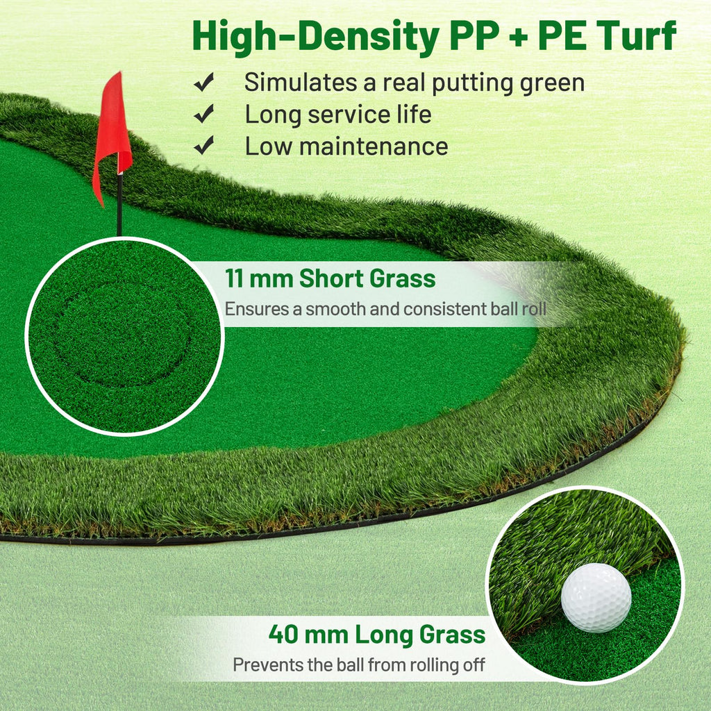 Tangkula 10 FT Golf Putting Green, Large Professional Golf Training Mat with Realistic Artificial Grass Turf, 3 Holes, 3 Flags and Cups for Indoor Outdoor Putting Practice