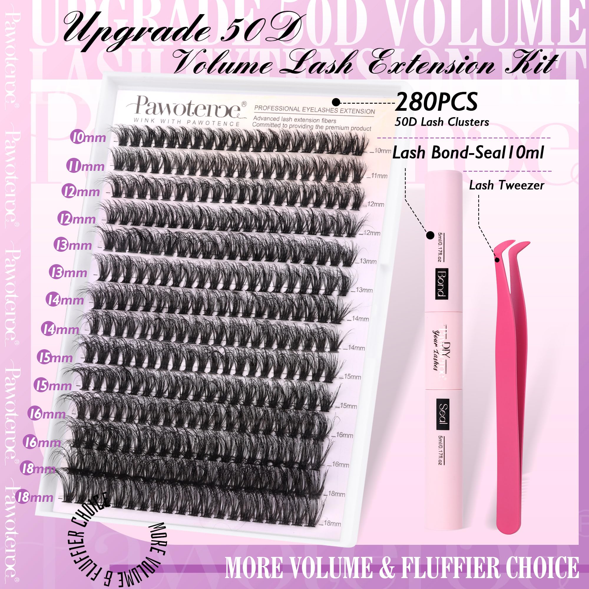 Pawotence Lash Extension Kit DIY 280pcs Individual Lash Clusters Kit 20D&30D Natural 9-15mm Cluster Eyelash Extensions Kit with Lash Bond and Seal, Tweezers for Self Use (20D&30D, 0.07D, 9-15mm, Kit)