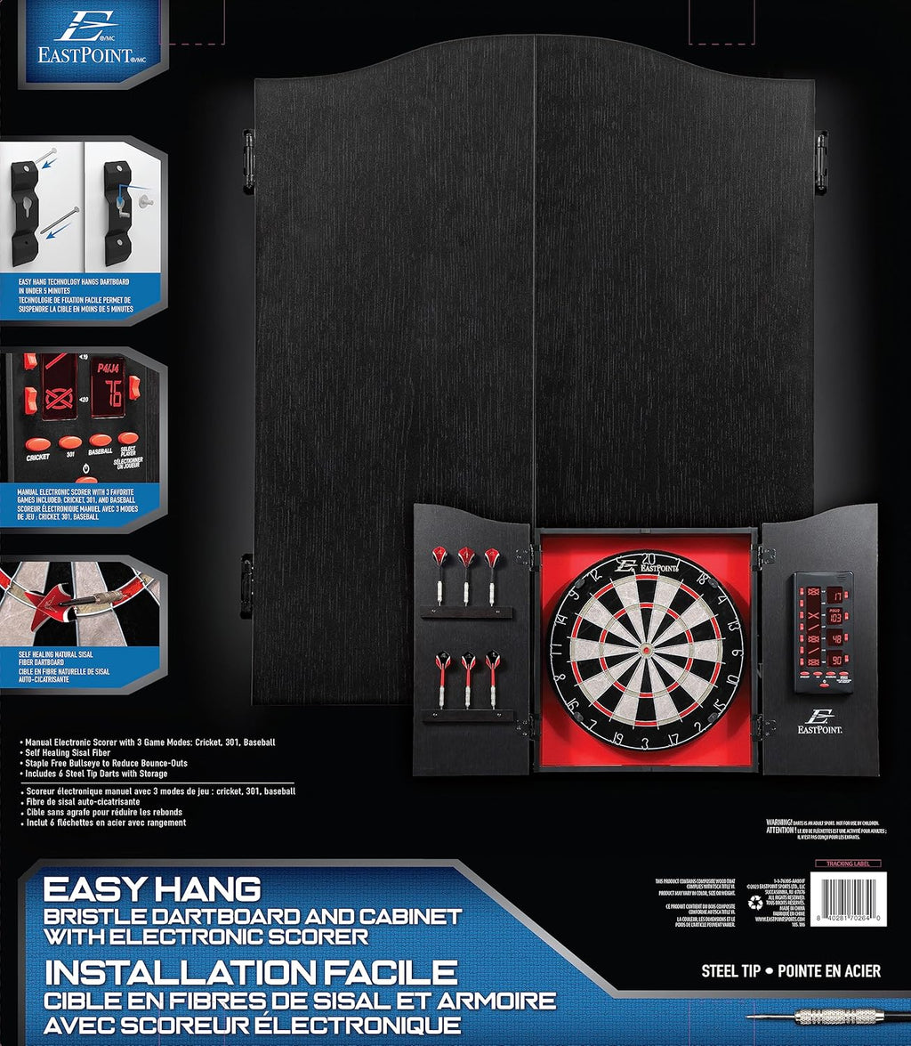 EastPoint Tournament Bristle Dartboard - 18-Inch, Red/Black - Self-Healing Sisal & Steel Tip Darts - Deluxe LED Scoring System for Electronic Dart Board - Easy-Mount Cabinet for Game Room Decor