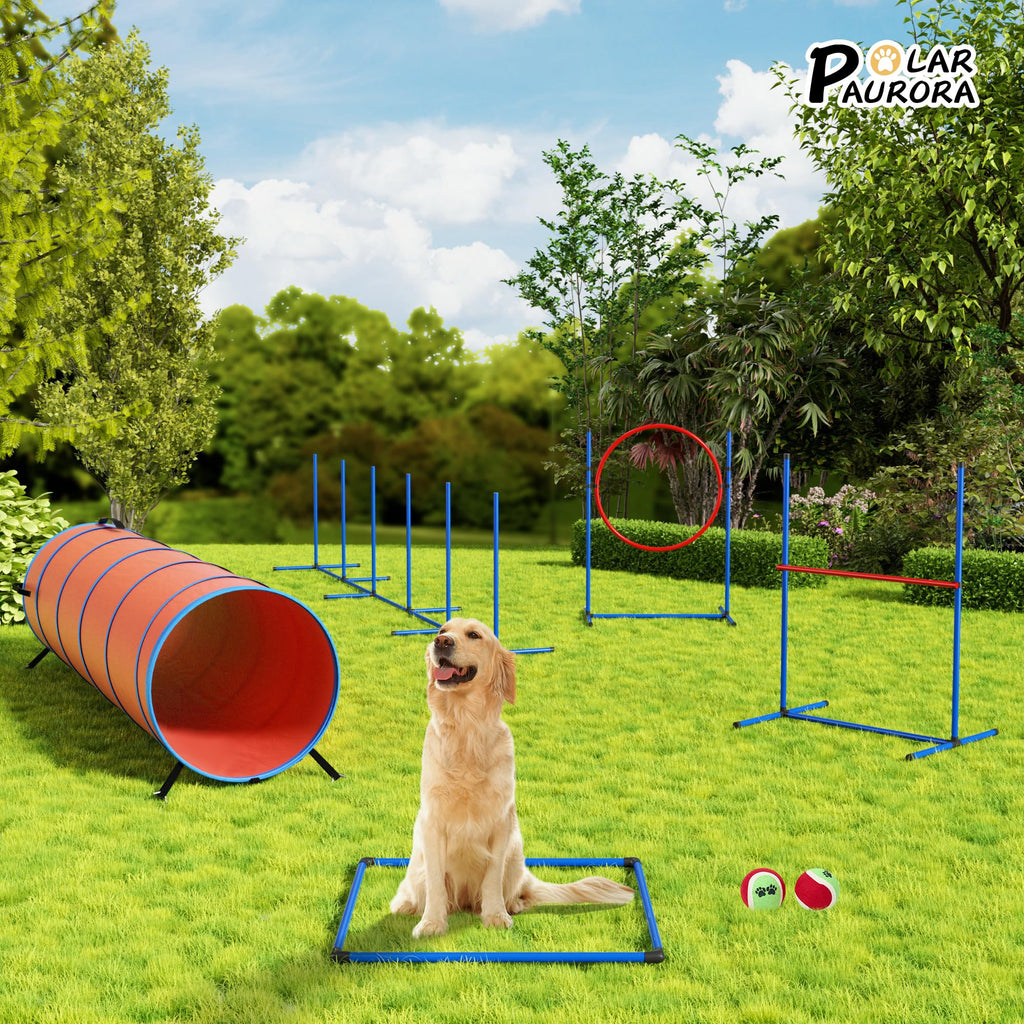 Polar Aurora Dog Agility Equipment, Dog Obstacle Courses Backyard - Pet Outdoor Games w/Adjustable High Jump, Agility Weave Poles, Tunnel, Jumping Ring, Pause Box, 2 Balls,Whistle and Carrying Bag