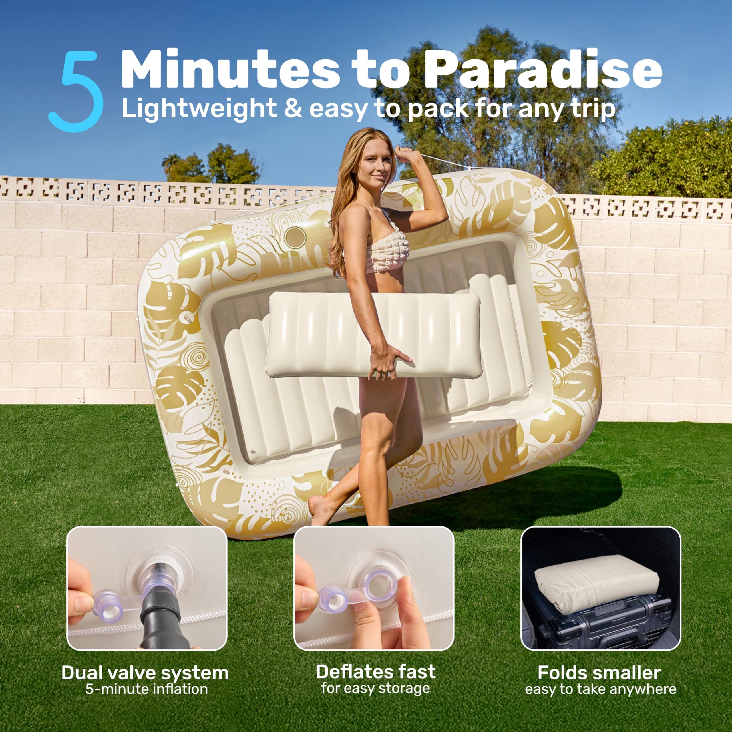 SLOOSH Inflatable Tanning Pool Lounger Float, 85" x 57" Extra Large Pool Floats Adult with Pillow, 4 in 1 Suntan Tub Raft Floatie,Sunbathing Bed Lounge for Water Blow Up Ball Pit Party Gifts, XL-Blue