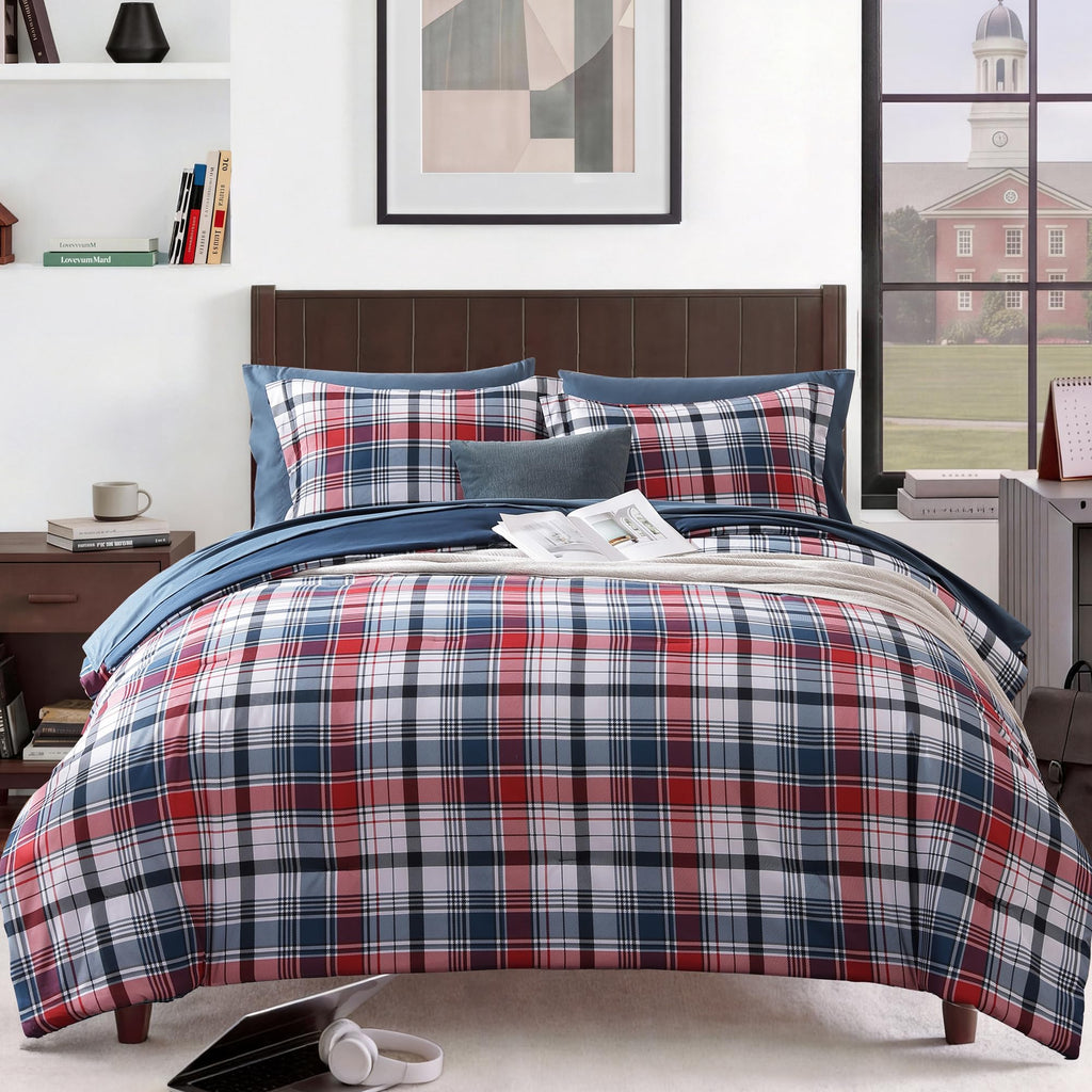 MaiRêve Queen Comforter Set, Classic Plaid Farmhouse Bedding Sets 7 Pieces, Beige All Season Bed in A Bag with Sheets, Pillowcases & Shams