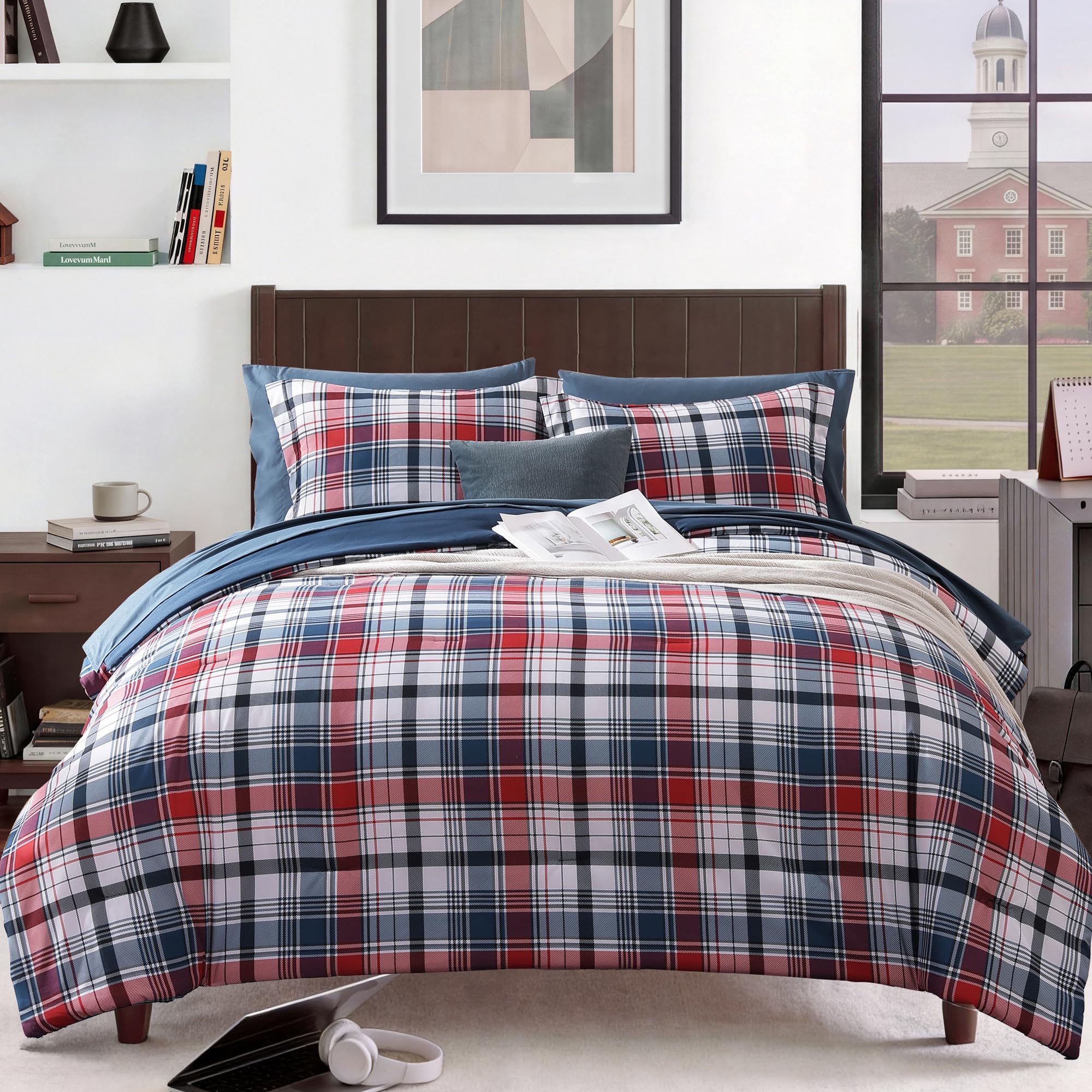 MaiRêve Queen Comforter Set, Classic Plaid Farmhouse Bedding Sets 7 Pieces, Beige All Season Bed in A Bag with Sheets, Pillowcases & Shams