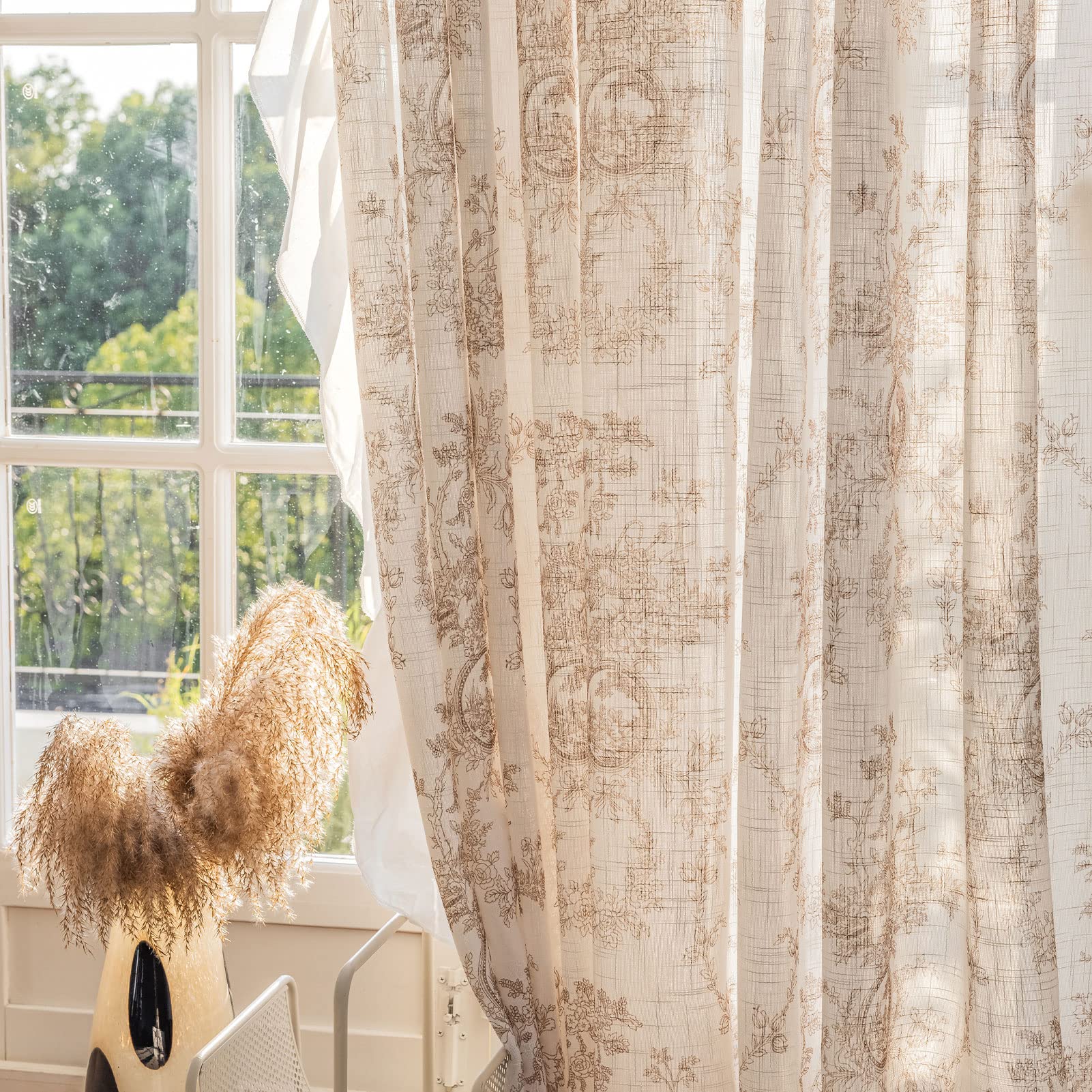 SUOUO Blue Leaf Semi Sheer White Curtains for Bedroom Dining Living Room Linen Textured 84 inches Long Rod Pocket Boho Window Drapes 2 Panels