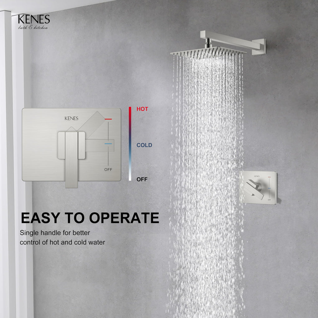 KENES Brushed Nickel 10-Inch Shower Head and Handle Set, Square Shower Faucet Set Bathroom Rainfall Shower System Wall Mount, KE-6024B (Shower Valve Included)