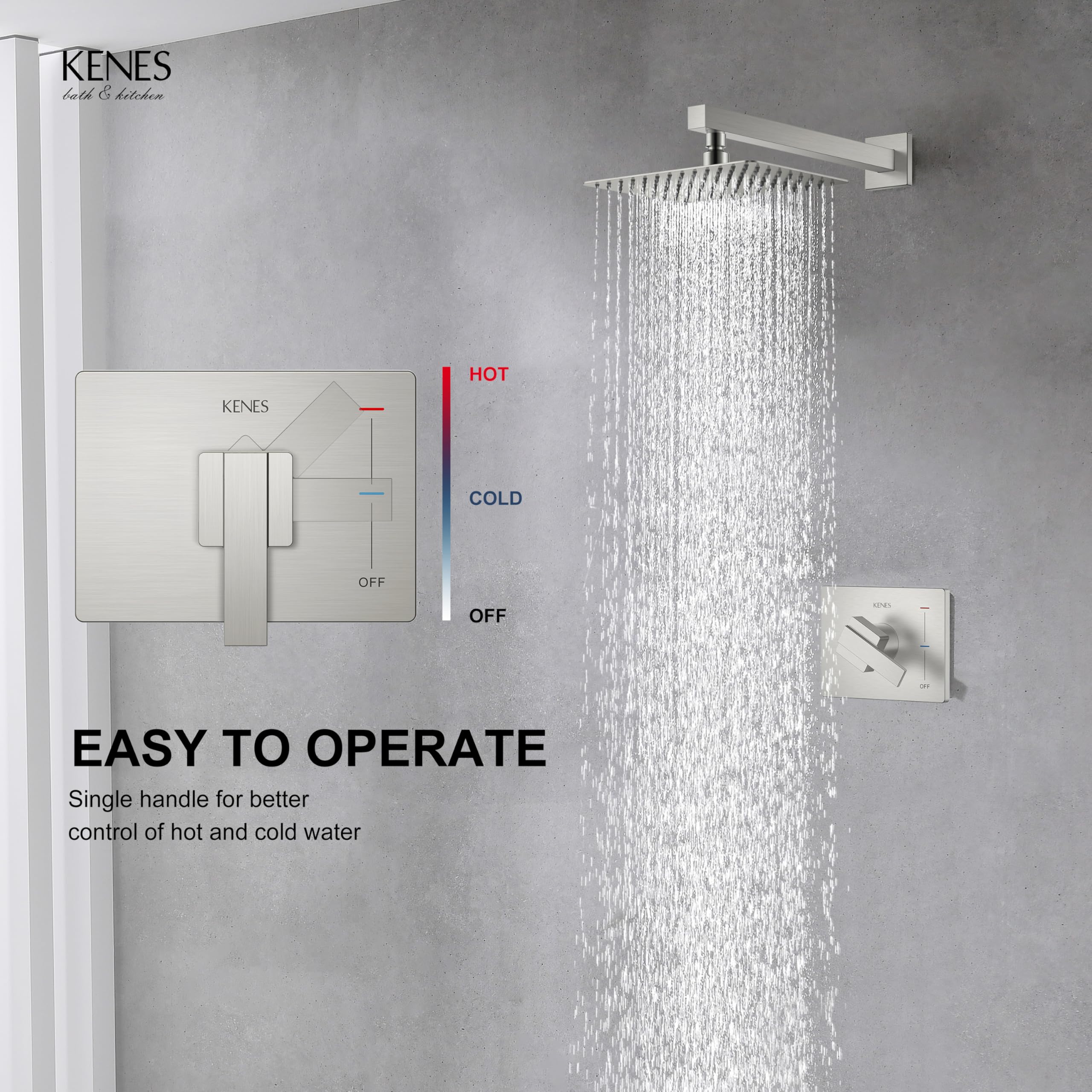 KENES Brushed Nickel 10-Inch Shower Head and Handle Set, Square Shower Faucet Set Bathroom Rainfall Shower System Wall Mount, KE-6024B (Shower Valve Included)
