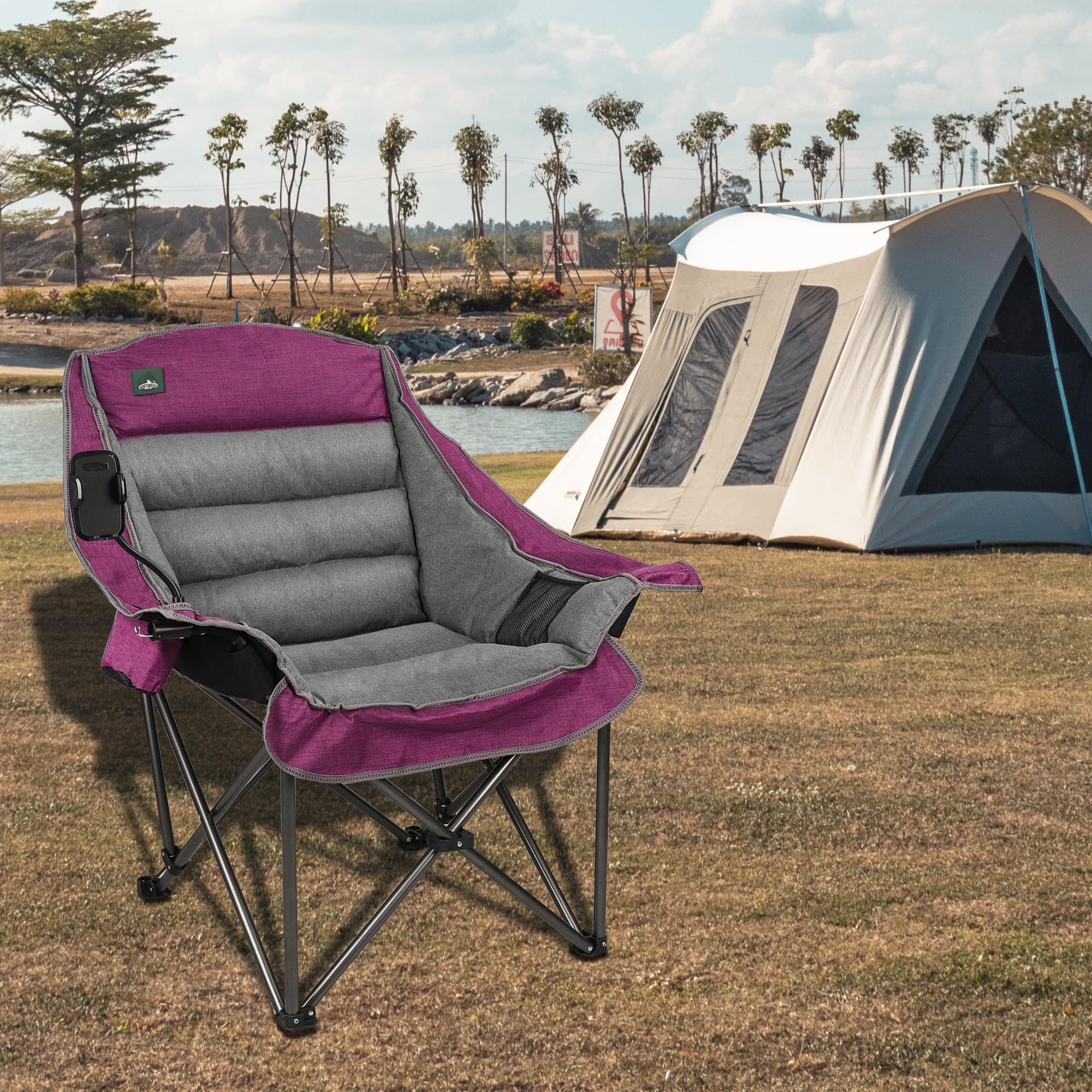 Northroad Oversized XL Padded Camping Chair w/Cell Phone Holder, Large Camp Chair, Foldable Lawn Chair w/Cup Holder,Carry Bag for Outdoor Hiking, Picnics, Heavy-Duty 400-lbs Capacity, Moca