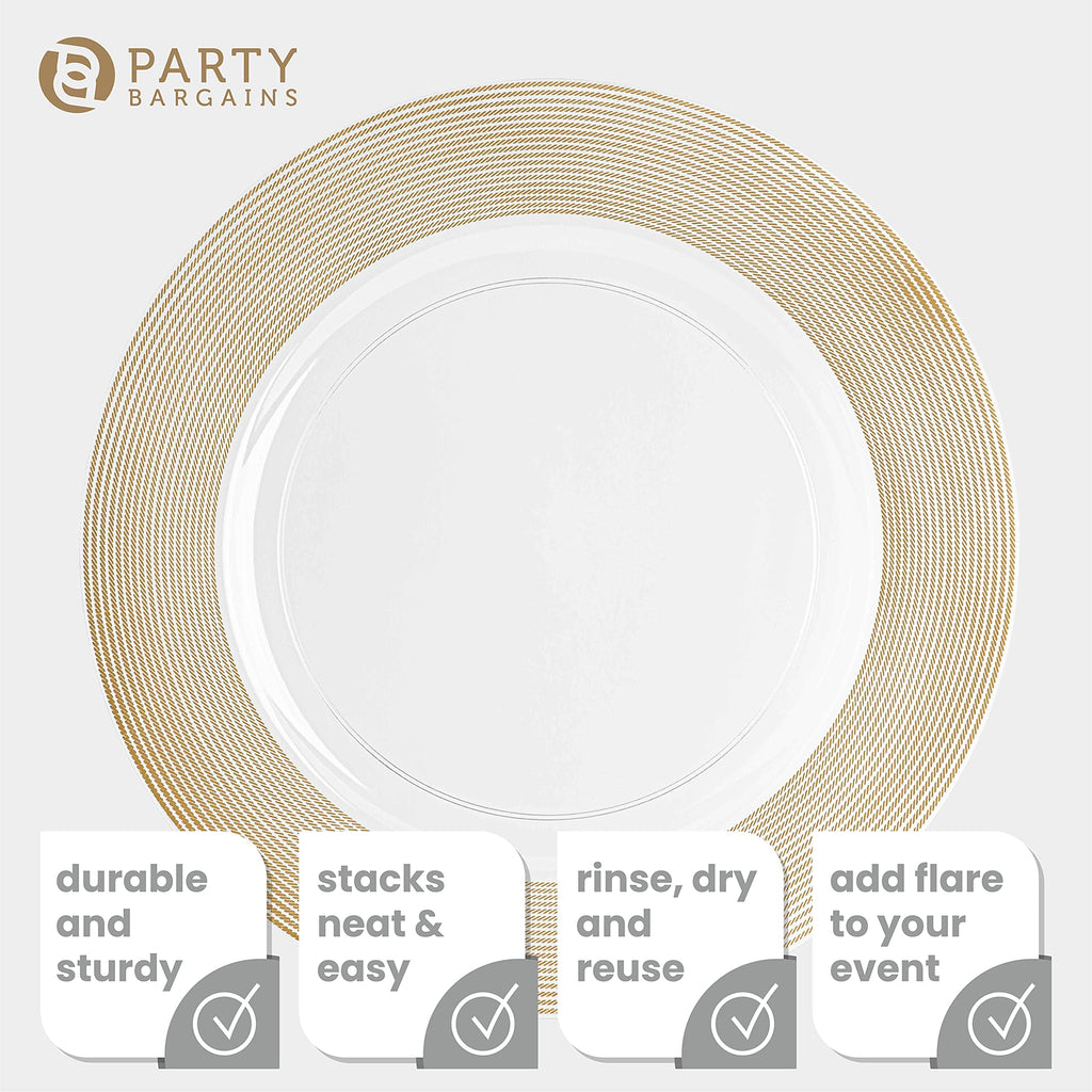 PARTY BARGAINS 13-Inch Charger Plates - 96 Pack, Clear Gold Rim, Heavy-Duty Disposable Chargers for Elegant Dining - Ideal for Weddings and Formal Events