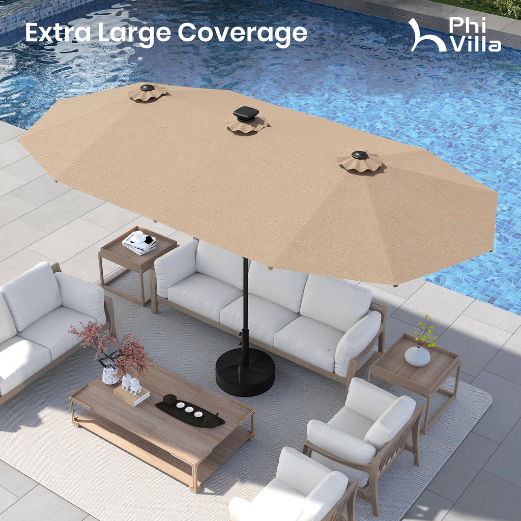 PHI VILLA 13ft Patio Umbrella with Solar-Powered 120 PCS LED Color-Changing Lights, Triple-Head Large Rectangle Umbrella Outdoor Patio for Table with Crank Lift,Beige(No Base)