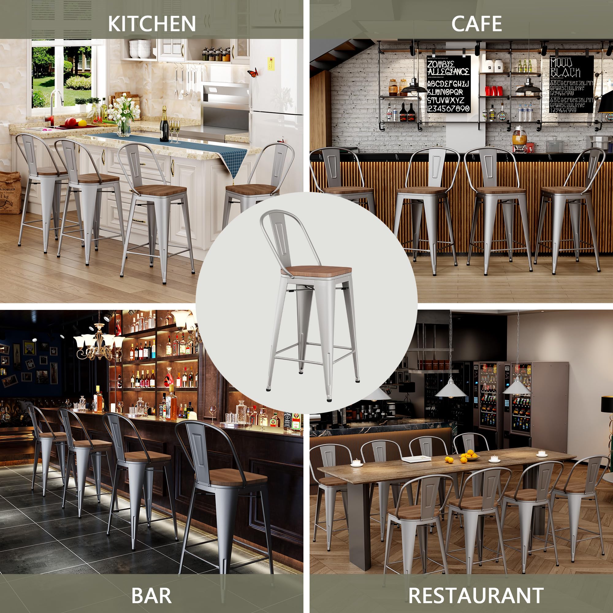 Barstools Set of 4 Counter Height Bar Stools for Kitchen Island Farmhouse Metal High Back Bar Chairs Wooden Seat 24" Matte Black