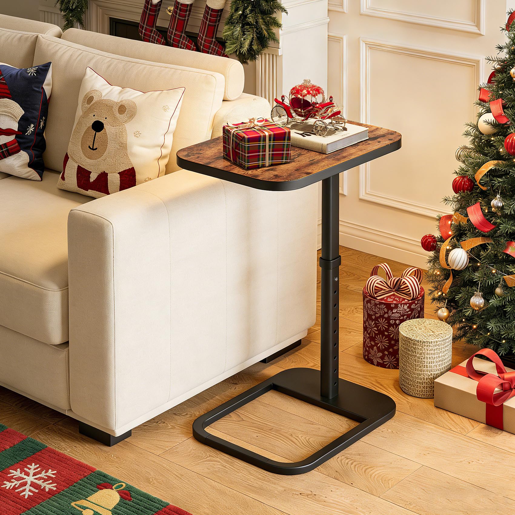 Kitstorack TV Tray Table, Adjustable Height & Rounded Metal Corners, Snack Table for Couch, Sofa, Bed, Chair, Living Room, C Shaped End Side Table for Eating, Dinner or Laptop, Small Spaces, Black