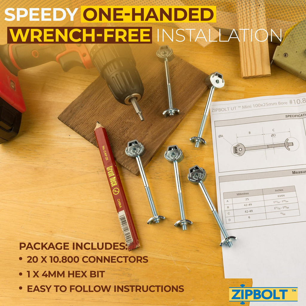 Zipbolt 10.800 Countertop Miter Connector — 20 Piece Joint Fastener Drawbolt Pack with 5mm Hex Bit for Joining Countertops, Butcher Blocks, Furniture, and More - Single-Handed Tightening