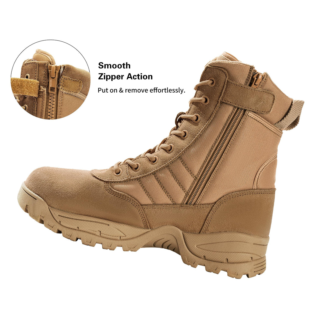 Men's Tactical Boots 8 Inch Side Zipper Military Combat Boots Leather Duty Work Boots for Men Police Motorcycle