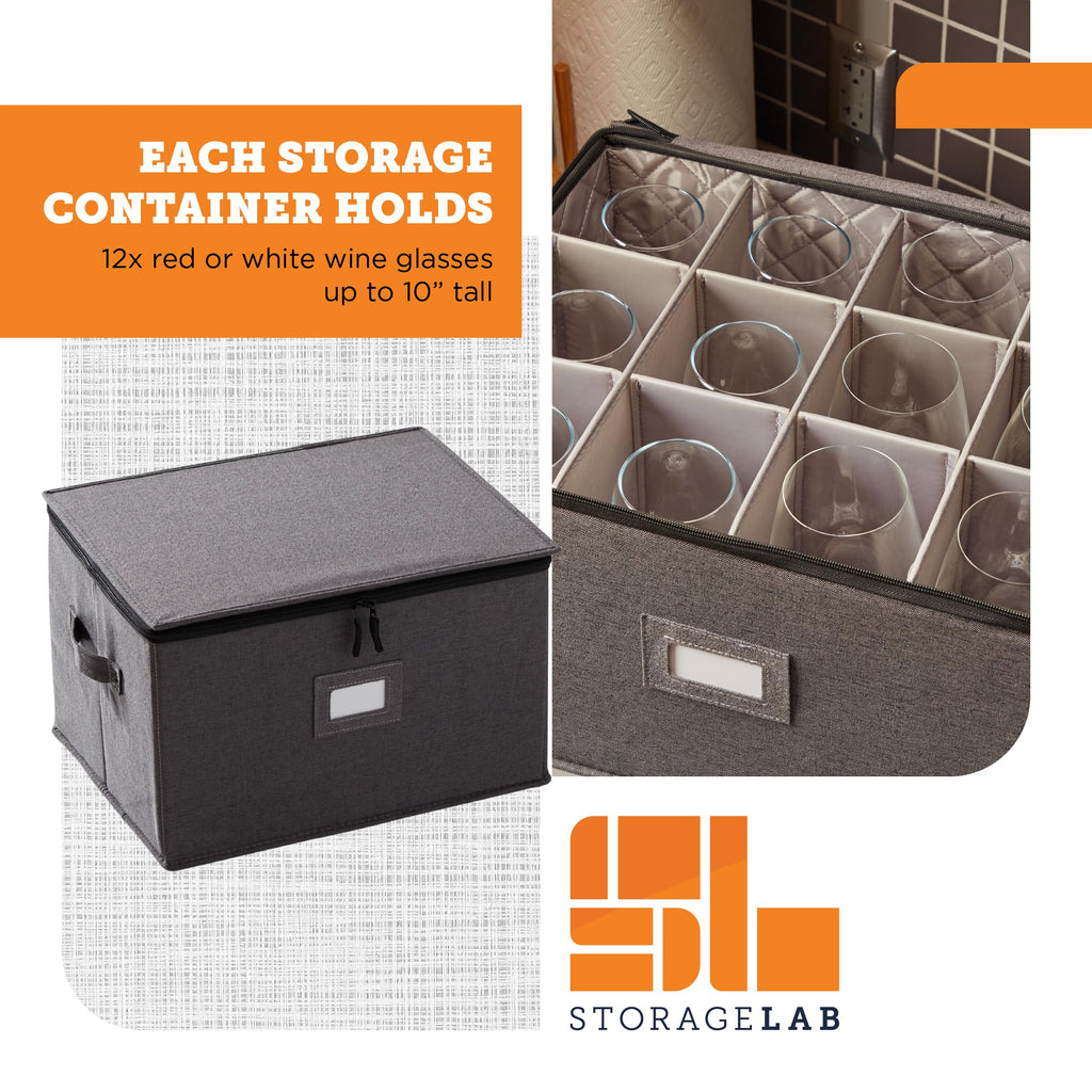 storageLAB Wine Glass Storage Containers, Hard Shell Organizer for Stemware and Glassware Sets, Stackable Wine Glass Storage Box with Dividers for Kitchen and Moving Supplies - 1 Pack, Cream