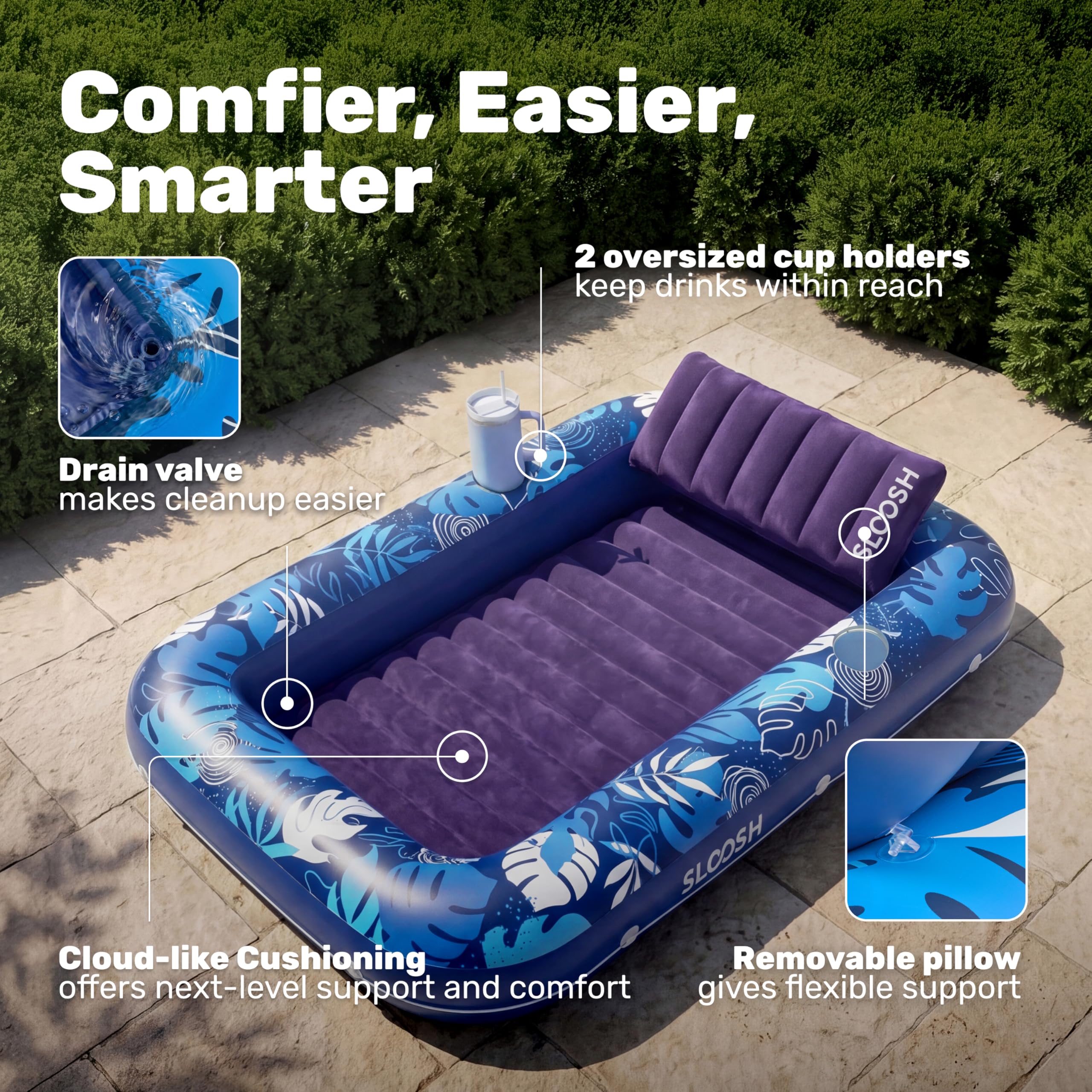SLOOSH Inflatable Tanning Pool Lounger Float, 85" x 57" Extra Large Pool Floats Adult with Pillow, 4 in 1 Suntan Tub Raft Floatie,Sunbathing Bed Lounge for Water Blow Up Ball Pit Party Gifts, XL-Blue