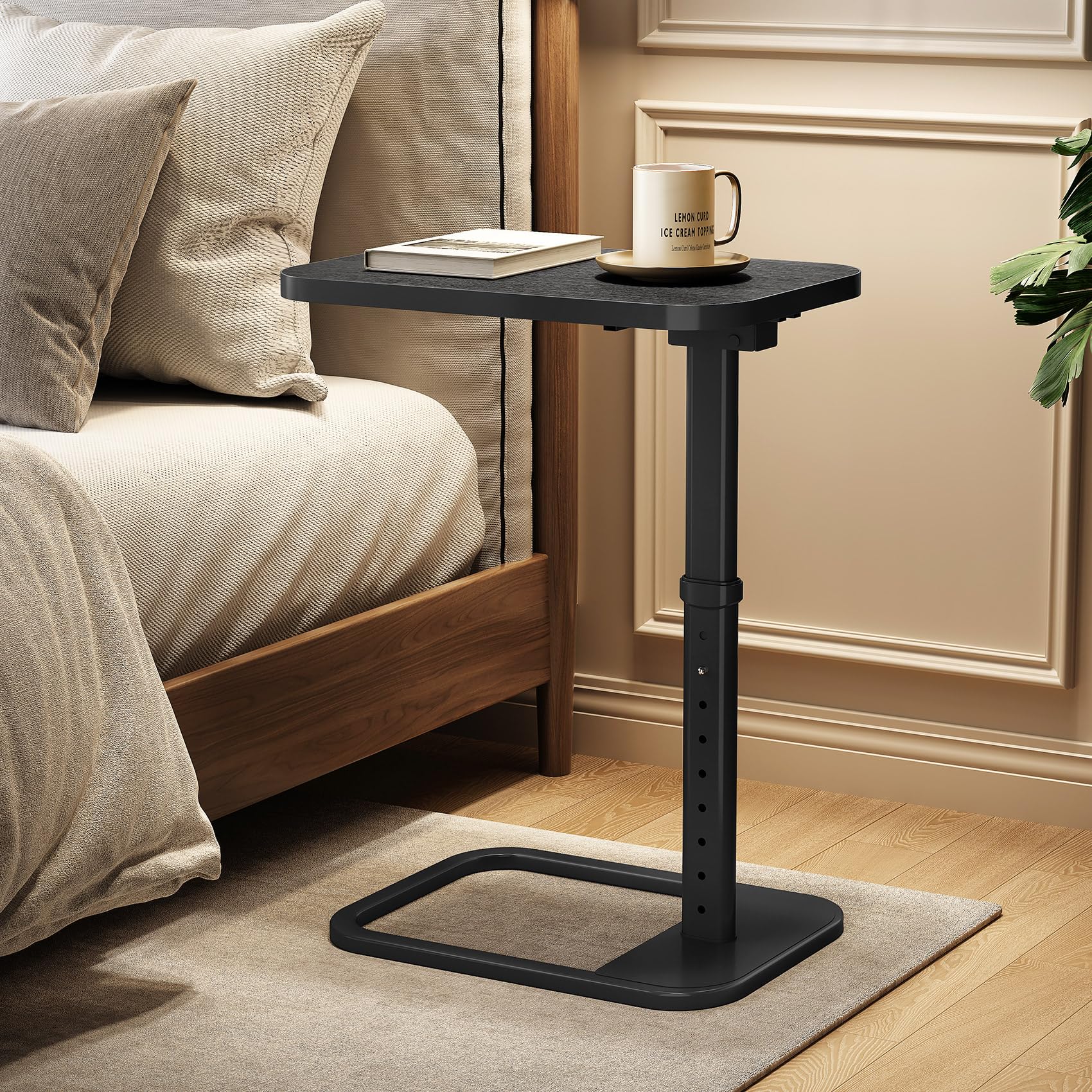 Kitstorack TV Tray Table, Adjustable Height & Rounded Metal Corners, Snack Table for Couch, Sofa, Bed, Chair, Living Room, C Shaped End Side Table for Eating, Dinner or Laptop, Small Spaces, Black