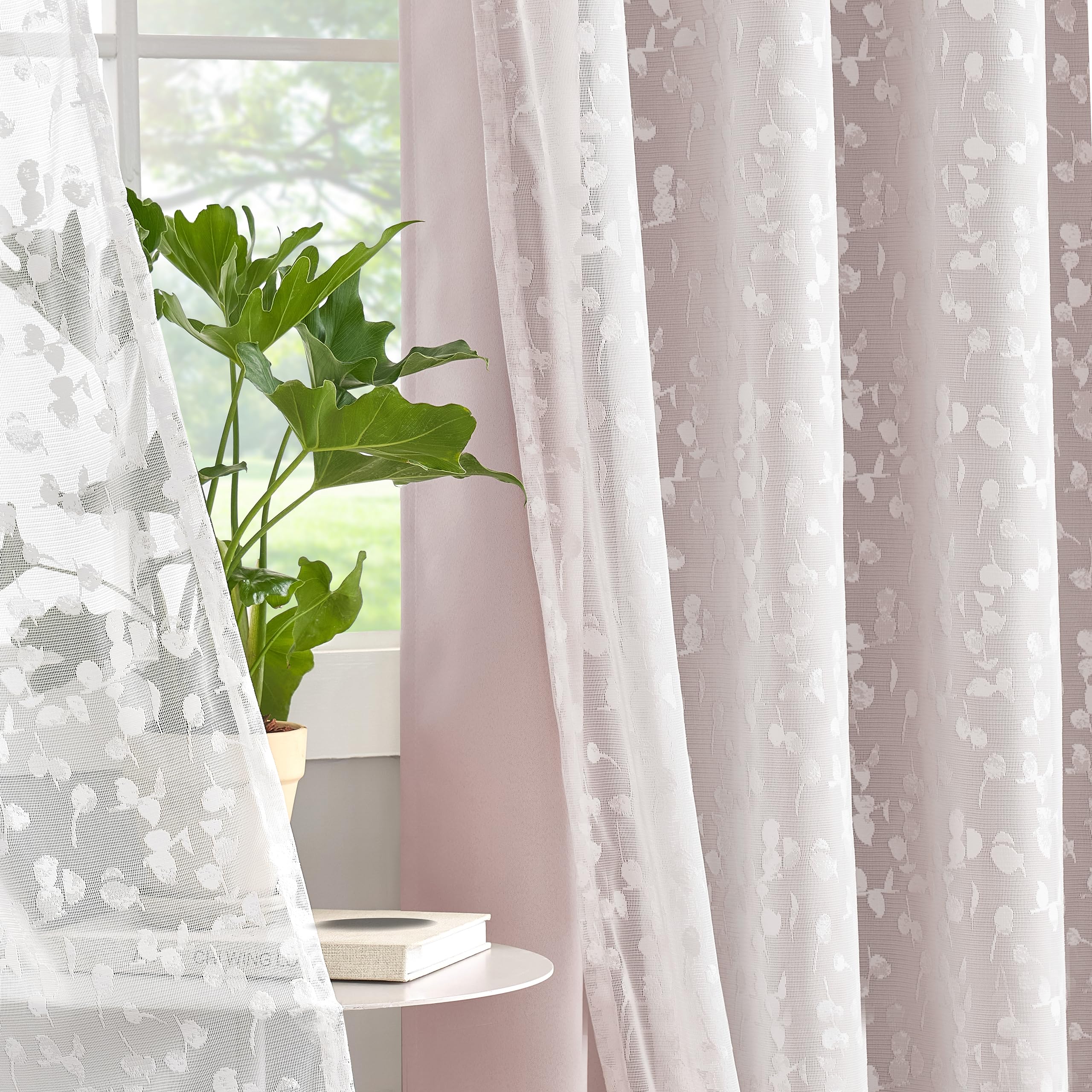 Jubilantex Full Blackout Curtains + Leaf Sheer Window Panels, Beige Mix and Match Style Double Layer Window Treatment Sets for Bedroom Living Room, 4 Panels 52" W x 63" L, Beige and White