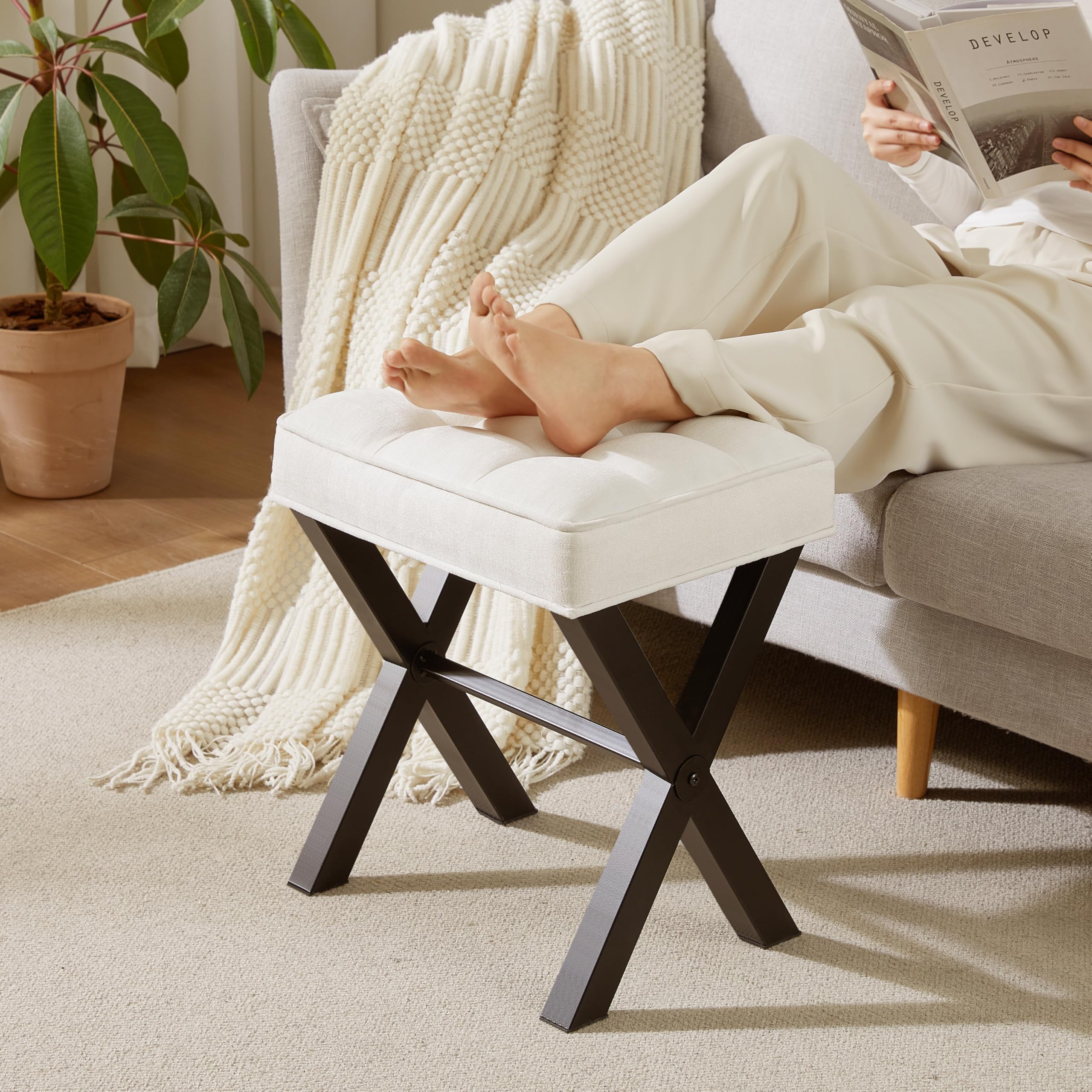 Royal Windsor Vanity Stool with Saddle Cushion, 18 Inch Makeup Vanity Chair for Living Room, Modern Foot Stool Ottoman Piano Bench,Small Upholstered Bench for Bedroom, Beige