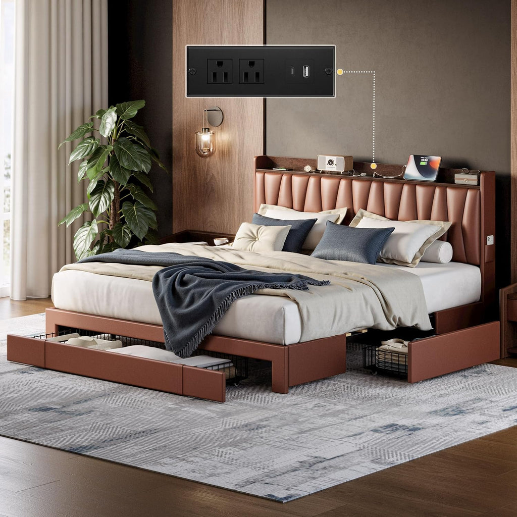 ANCTOR King Bed Frame with 3 Storage Drawers, Storage Headbord with Charging Station, Platform Bed Frame for Bedroom, Living Room, No Box Spring, Faux Leather, Brown
