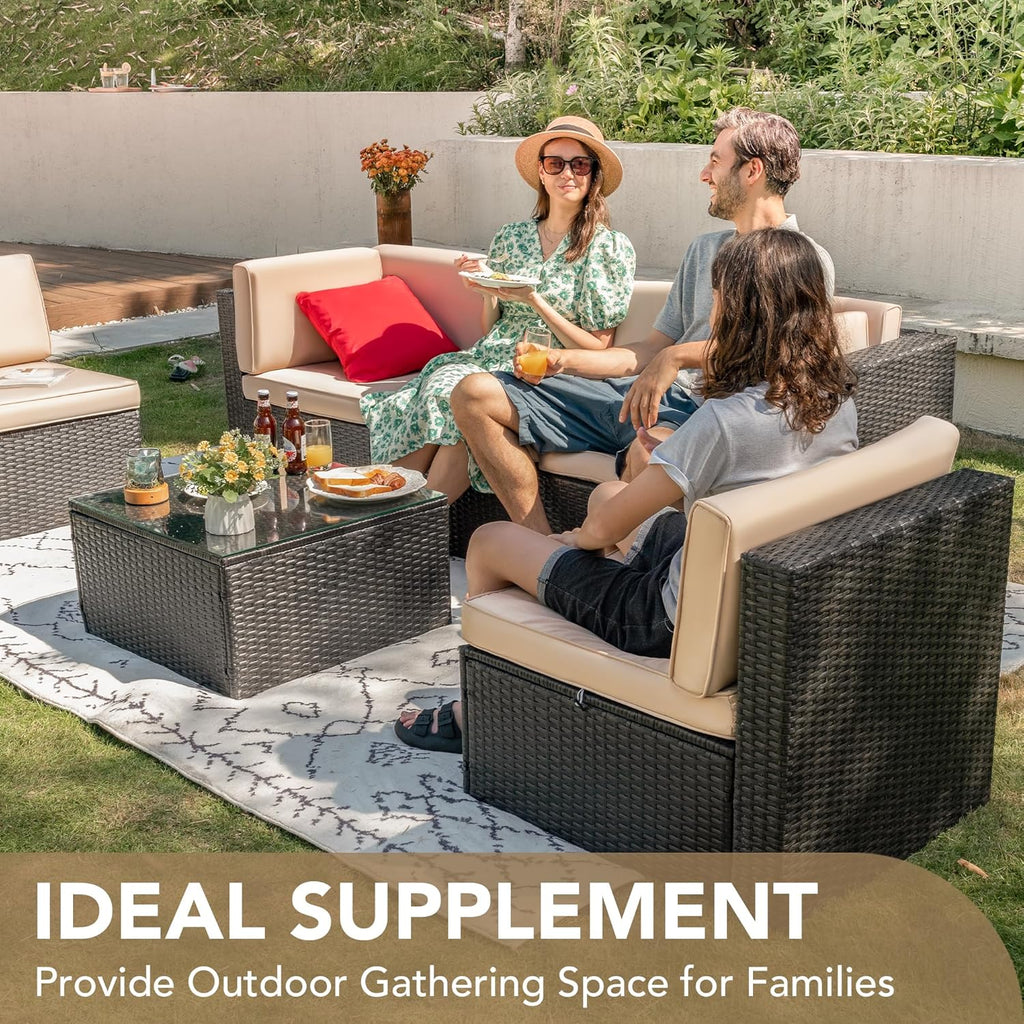 Devoko Patio Furniture Sets 6 Pieces Outdoor Sectional Rattan Sofa Manual Weaving Wicker Patio Conversation Set with Glass Table and Cushion (Beige)
