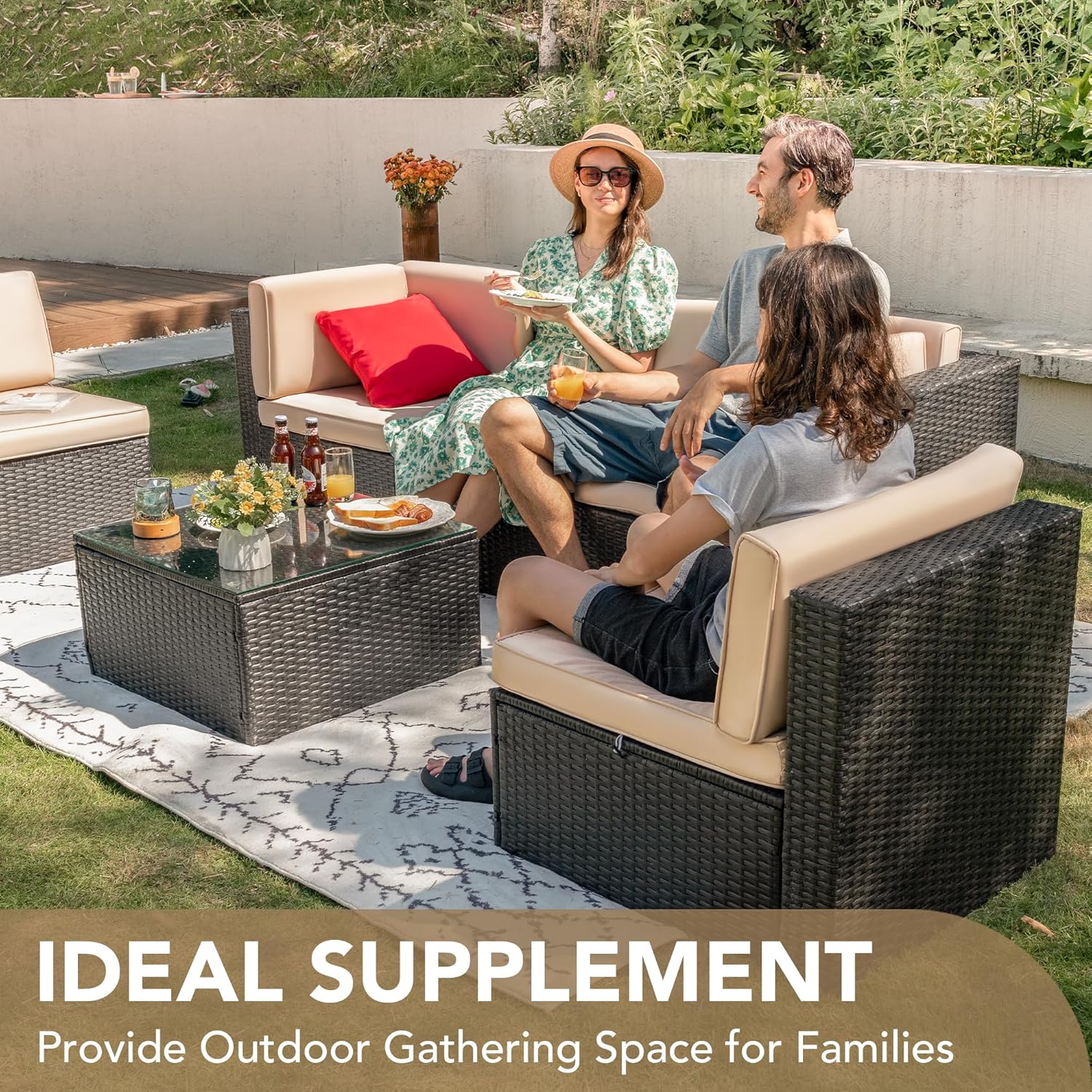 Devoko Patio Furniture Sets 6 Pieces Outdoor Sectional Rattan Sofa Manual Weaving Wicker Patio Conversation Set with Glass Table and Cushion (Beige)