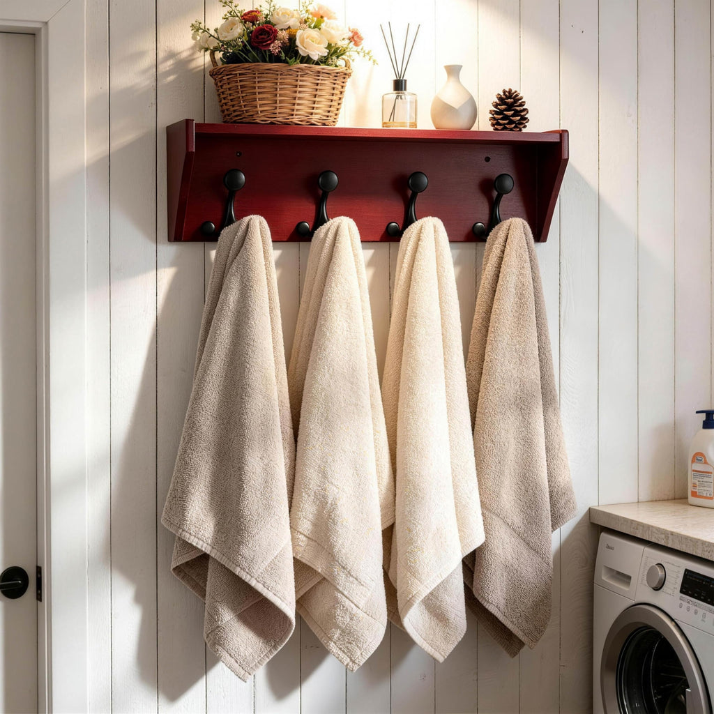 SKOLOO Wall Shelf with Hooks, 24-Inch Cherry Coat Rack Wall Mount with Shelf Organizer - Heavy Duty, 4 Tri Hooks - Perfect for Entryway, Hallway, Living Room, Bedroom, Mudroom