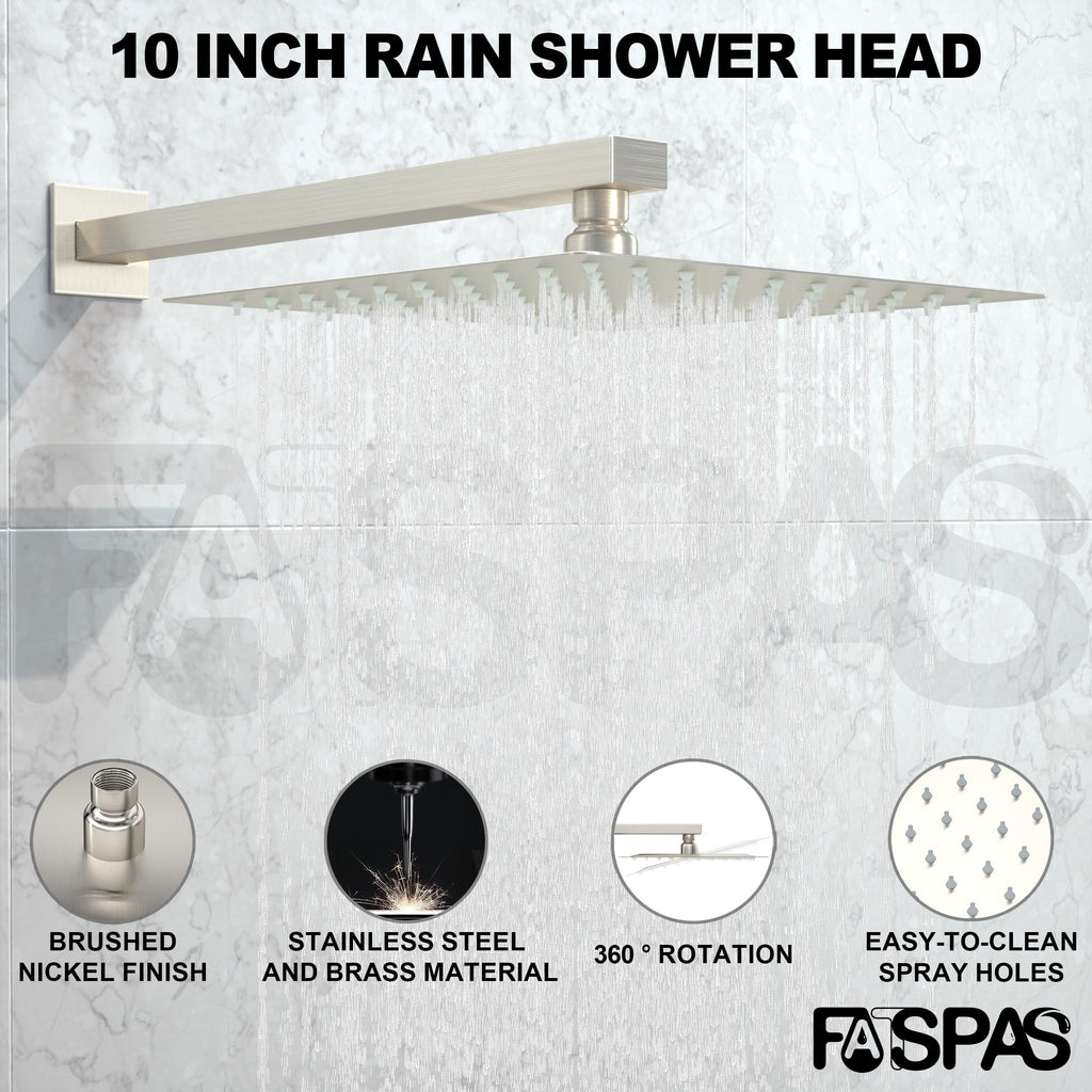Brushed Gold Shower System with 10-Inch Rain Showerhead and Tub Spout | cUPC-certified pressure balance brass valve to prevent scalding, CEC-certified air injection technology for low pressure