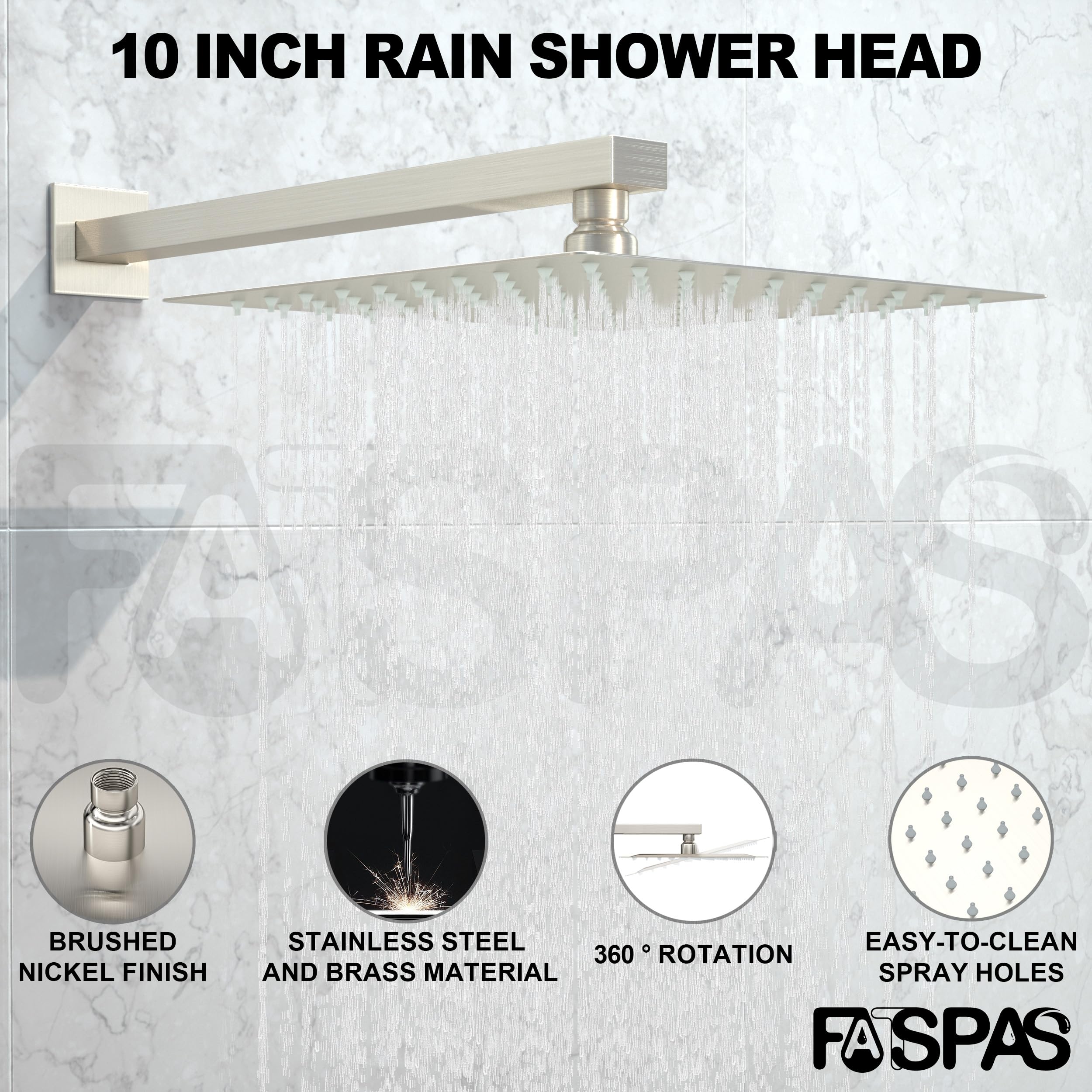 Brushed Gold Shower System with 10-Inch Rain Showerhead and Tub Spout | cUPC-certified pressure balance brass valve to prevent scalding, CEC-certified air injection technology for low pressure