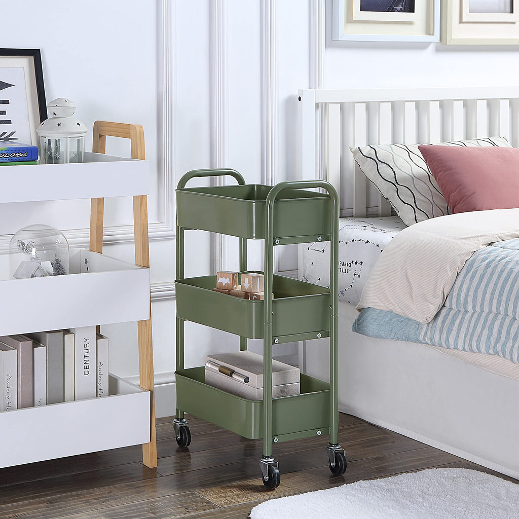 SunnyPoint 3-Tier Delicate Compact Rolling Metal Storage Organizer - Mobile Utility Cart Kitchen/Under Desk Cart with Caster Wheels - Army (15.35" X 10.24" X 26.8"H)