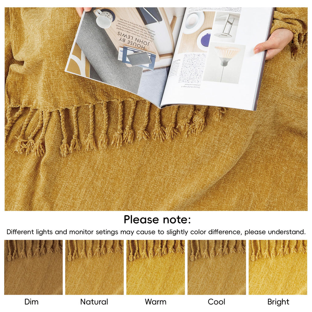 BATTILO HOME Beige Chenille Throw Blanket for Couch, Soft Cozy Textured Knit Throw Blanket with Handmade Fringe Tassels, Lightweight Decorative Farmhouse Blanket for Sofa Bed Chair, 50"x60"