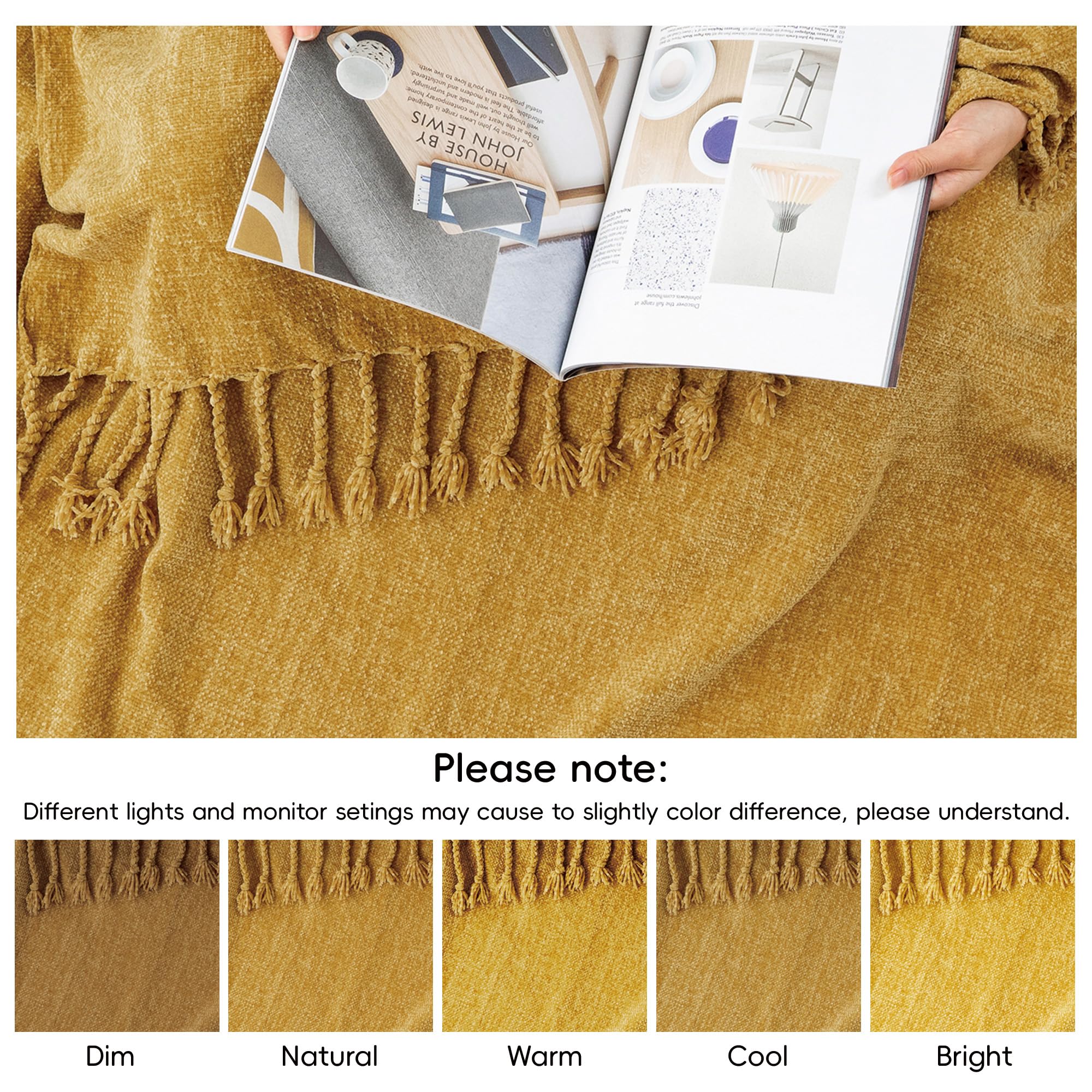 BATTILO HOME Beige Chenille Throw Blanket for Couch, Soft Cozy Textured Knit Throw Blanket with Handmade Fringe Tassels, Lightweight Decorative Farmhouse Blanket for Sofa Bed Chair, 50"x60"