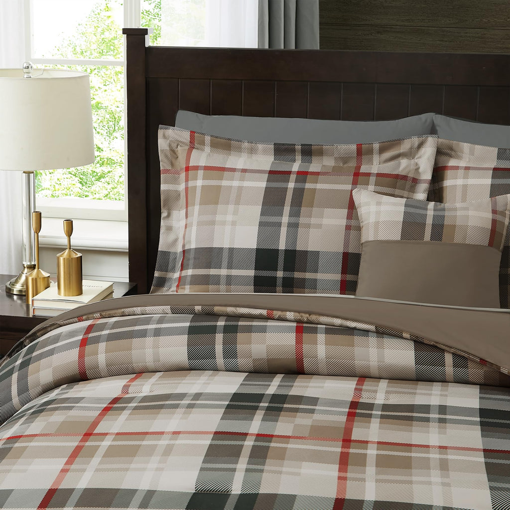 MaiRêve Queen Comforter Set, Classic Plaid Farmhouse Bedding Sets 7 Pieces, Beige All Season Bed in A Bag with Sheets, Pillowcases & Shams