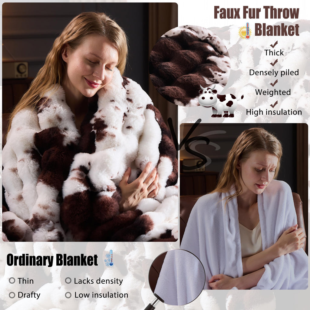 Faux Fur Throw Blanket for Couch, Fluffy Fuzzy Plush Bubble Blanket, Soft Warm Cozy Shaggy Rabbit Blanket, Luxury Decorative Gifts for Sofa Bedroom Living Room, 60x50inch (Beige)