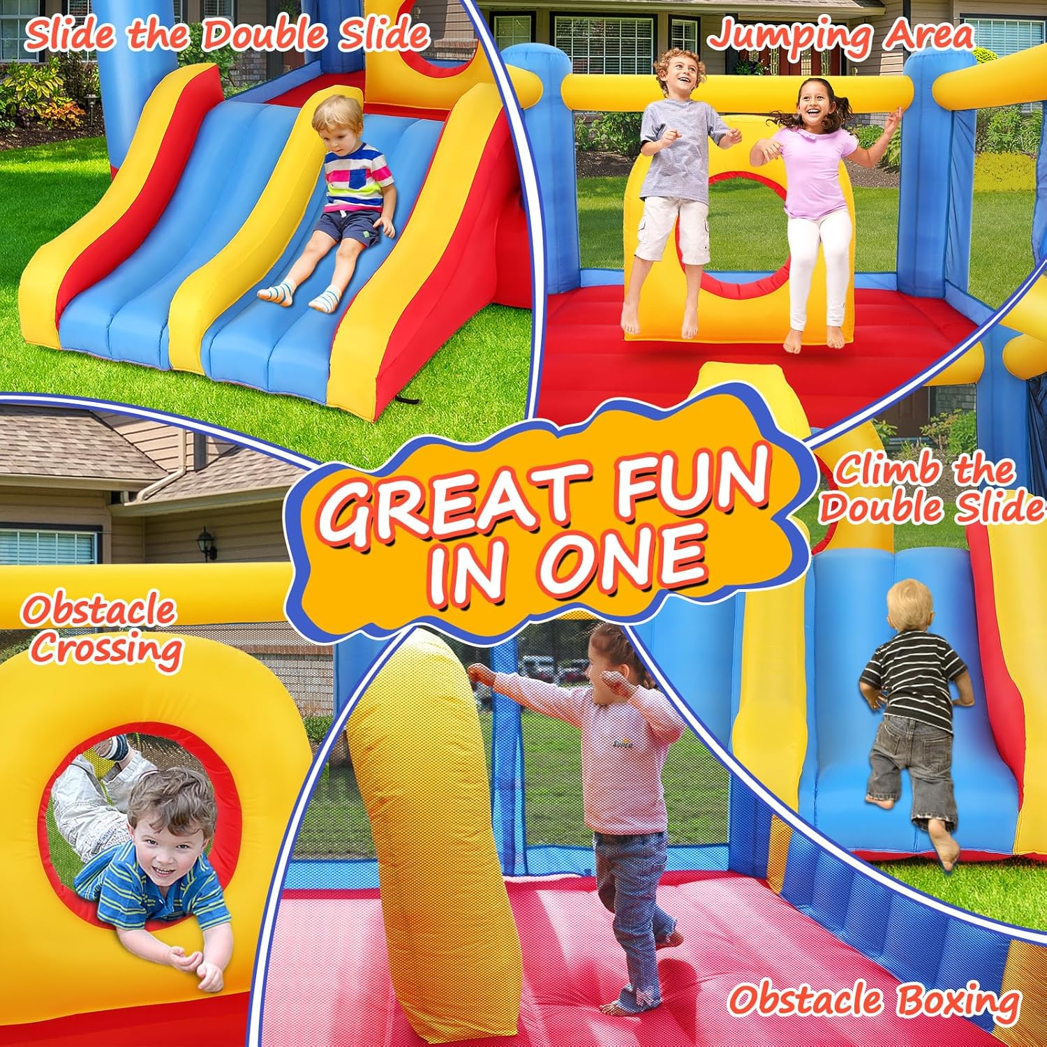 Whubefy Bounce House, Inflatable Bounce House for Kids 3-6 Big Kids 8-12, Indoor/Outdoor Double Slide Obstacle Bouncer with Blower, 12 x 9FT Jumping Castle with Center Hoop for Family Backyard