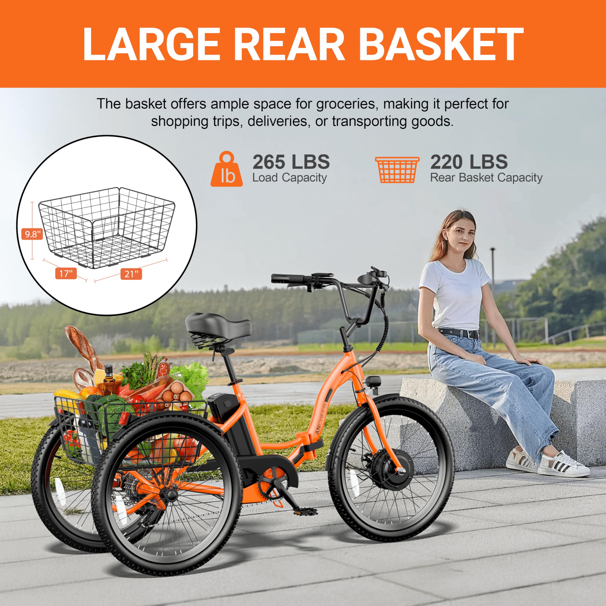 ANCHEER Electric Tricycle for Adults, Peak 600W Folding Electric Trike, 24" 499Wh Ebike for Seniors, 15.5MPH Electric Bike, Removable Battery, 3 Wheel, LCD, Rear Differential, Basket