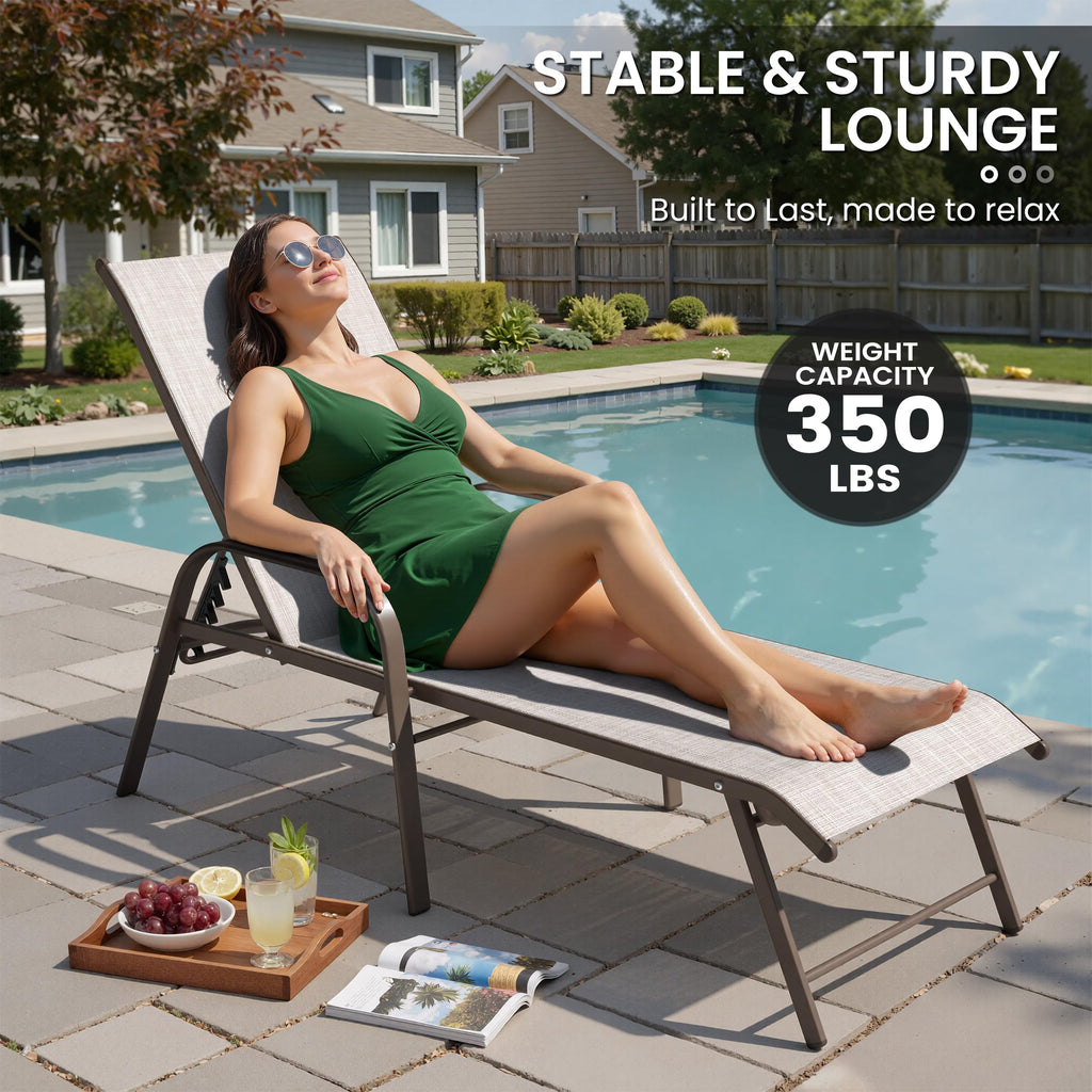 Crestlive Products Chaise Lounge Chair Outdoor with Armrests, Pool Lounge Chairs Set of 2, Aluminum Adjustable 5 Positions Sun Tanning Lounger for Patio, Poolside, Yard, Deck, Backyard (Beige)