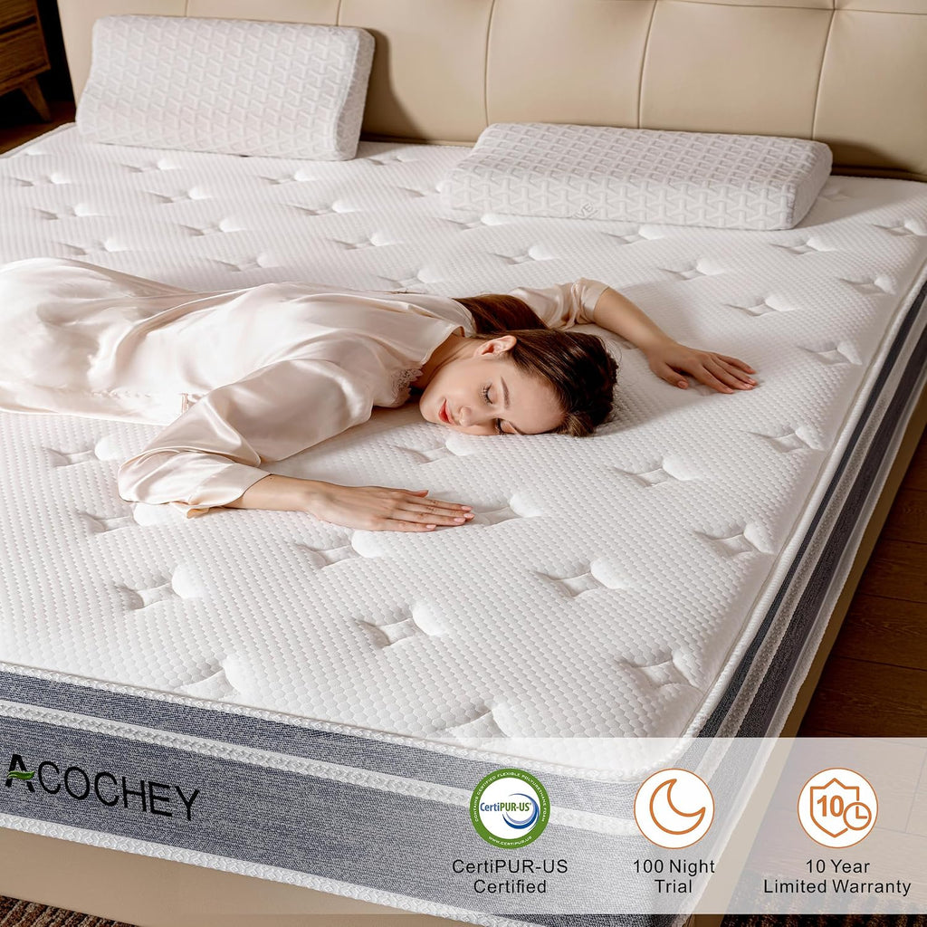 Acochey 10 Inch Queen Mattress Memory Foam and Spring Hybrid Mattresses,Medium Firm Feel Grey Mattress in a Box,Quality Comfort and Adaptive Support Breathable Cooling