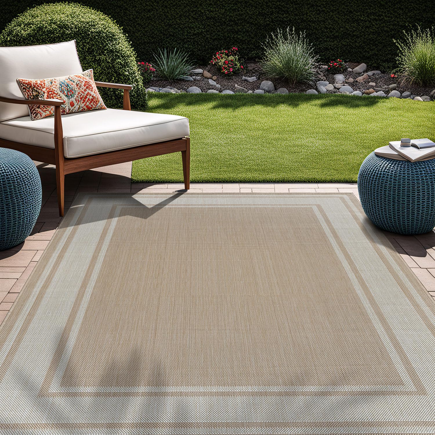 Beverly Rug Outdoor Rug 5x7 Modern Bordered Area Rugs for Indoor and Outdoor Patio Deck Porch Garden Waterproof Weather Sun Resistant Washable Outside Carpet (5 x 7 Beige)