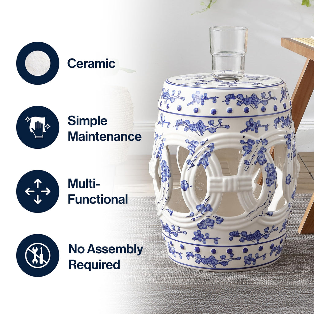 JONATHAN Y Lucky Coins 16" Ceramic Garden Stool, Contemporary Blue/White Cutout Interlocking Rings Drum Indoor/Outdoor Side Table and Plant Stand for Patio, Garden, Living Room TBL1027A