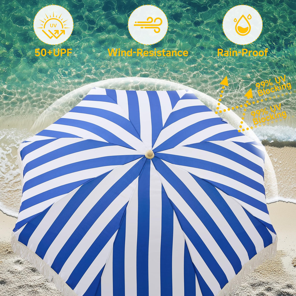 6.5FT Boho Patio Umberlla with Fringe,UPF50+ Outdoor Umbrella with Fiberglass Ribs and Push Button Tilt,Tassels Umbrella for Beach,Terrace,Picnic