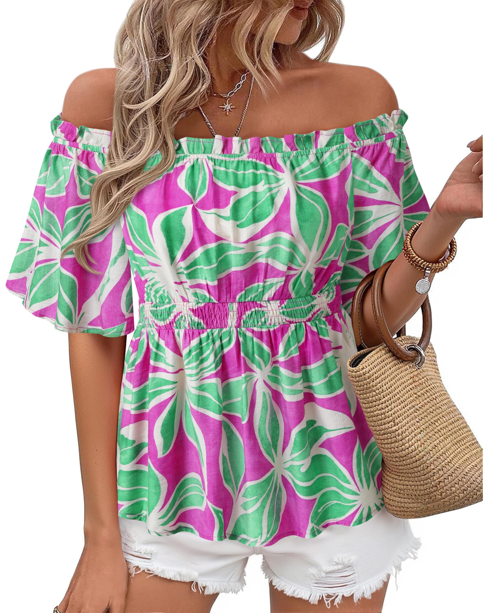 Bebonnie Women's Summer Sexy Off The Shoulder Peplum Tops Ruffle Sleeve Dressy Blouses