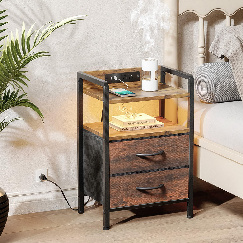Lazzanto Night Stand Bedside Charger Bedroom - Nightstand with Charging Station & LED Light Strip, Night Stand with Storage Shelf & 2 Fabric Drawers, Morden End Table with U-S-B Ports & AC Outlets
