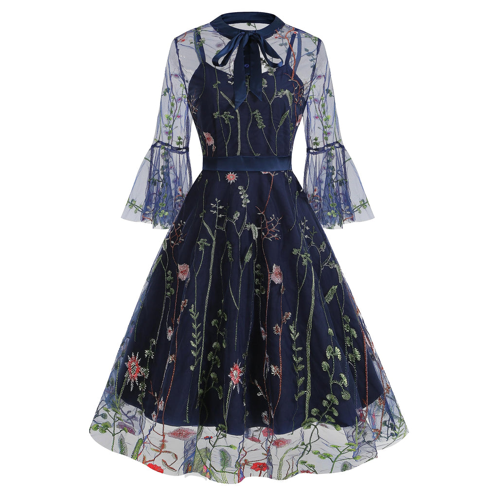 Women Mesh Floral Embroidery Vintage Cocktail Swing Dress Illusion 50s Goth Flared A line Casual Wedding Prom Evening Dress