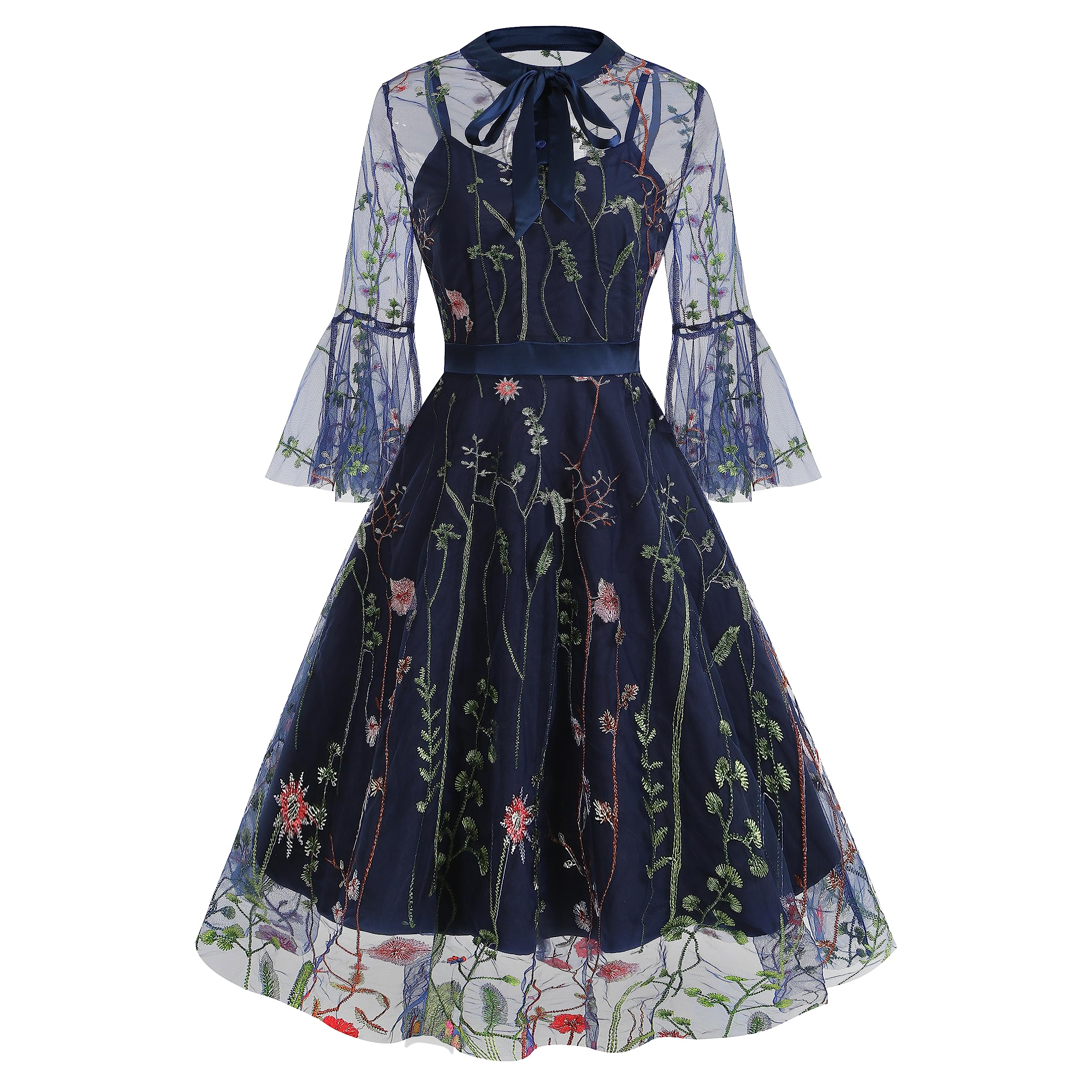 Women Mesh Floral Embroidery Vintage Cocktail Swing Dress Illusion 50s Goth Flared A line Casual Wedding Prom Evening Dress