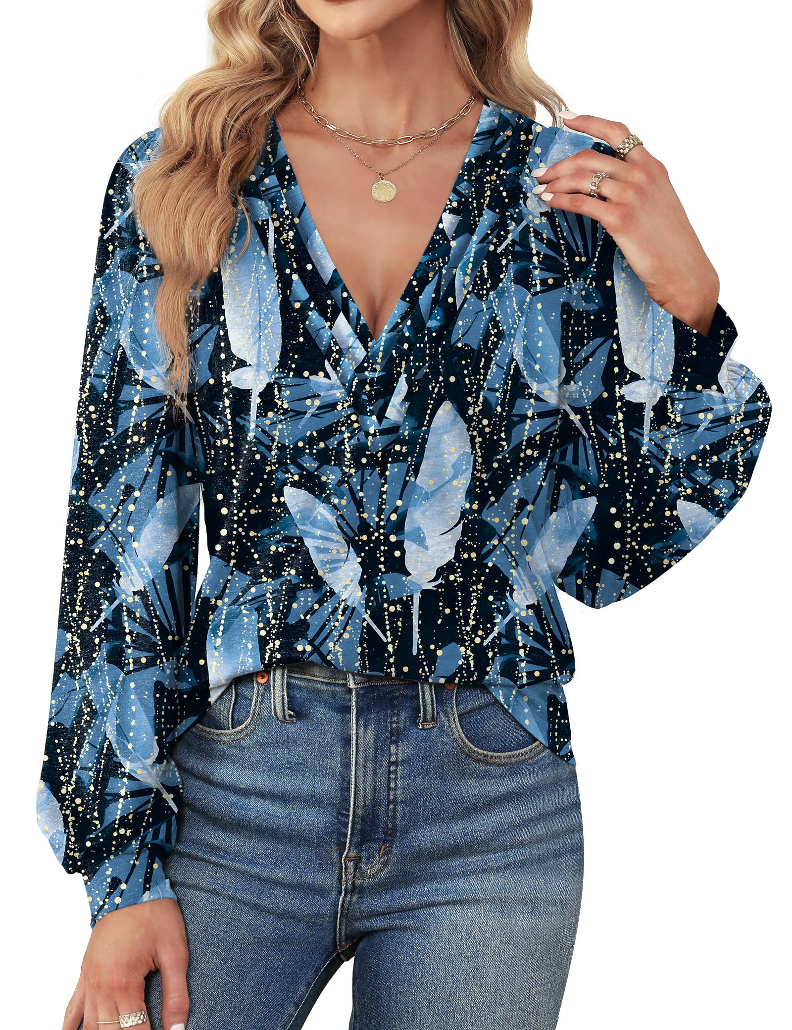 Agnes Urban Womens V Neck Long Sleeve Tops Dressy Casual Fall Shirts Puff Sleeve Loose Tunic Trendy Tops Blouses