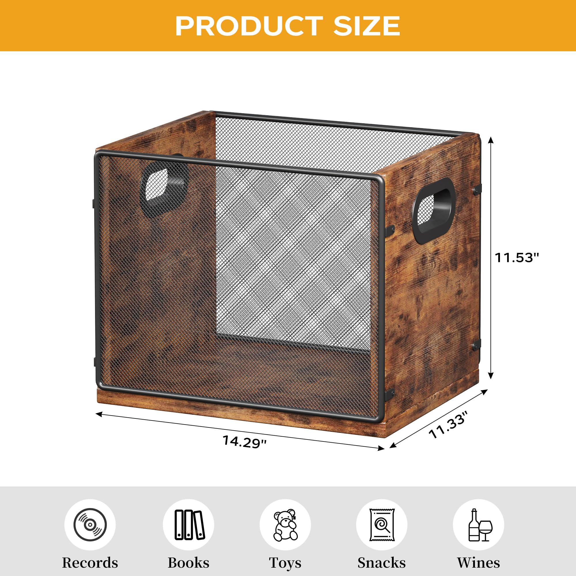 Homeiju Vinyl Record Storage, Record Box Case Crate, Vinyl Record Album Holder, Desktop Metal & Wooden LP Record Crate, Holds up to 60 Records（Patent No.D1024563