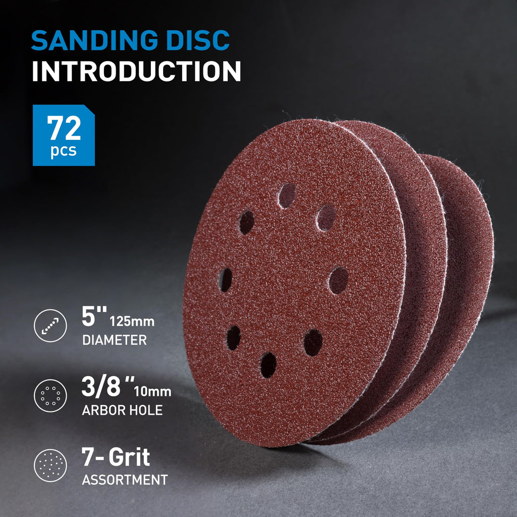 S SATC 72 PCS 5 Inch 8 Hole Hook and Loop Adhesive Sanding Discs Sandpaper for Random Orbital Sander 40 60 80 120 180 240 320 Grits