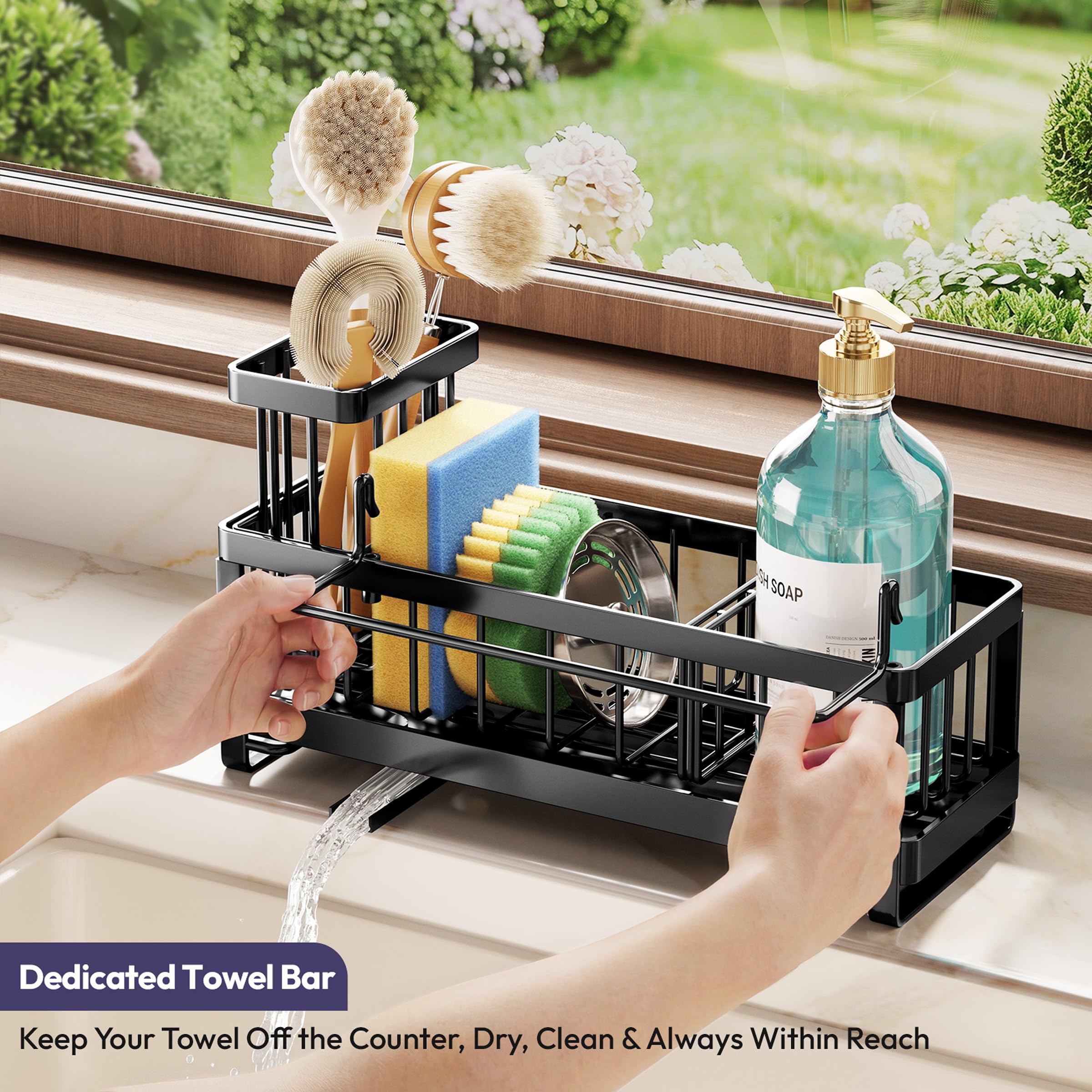 SWTYMIKI Sponge Holder for Kitchen Sink - Sink Caddy with Brush Holder Self-draining Sponge Caddy Organizer with Divider Stainless Steel Kitchen Accessories Storage for Countertop, Black